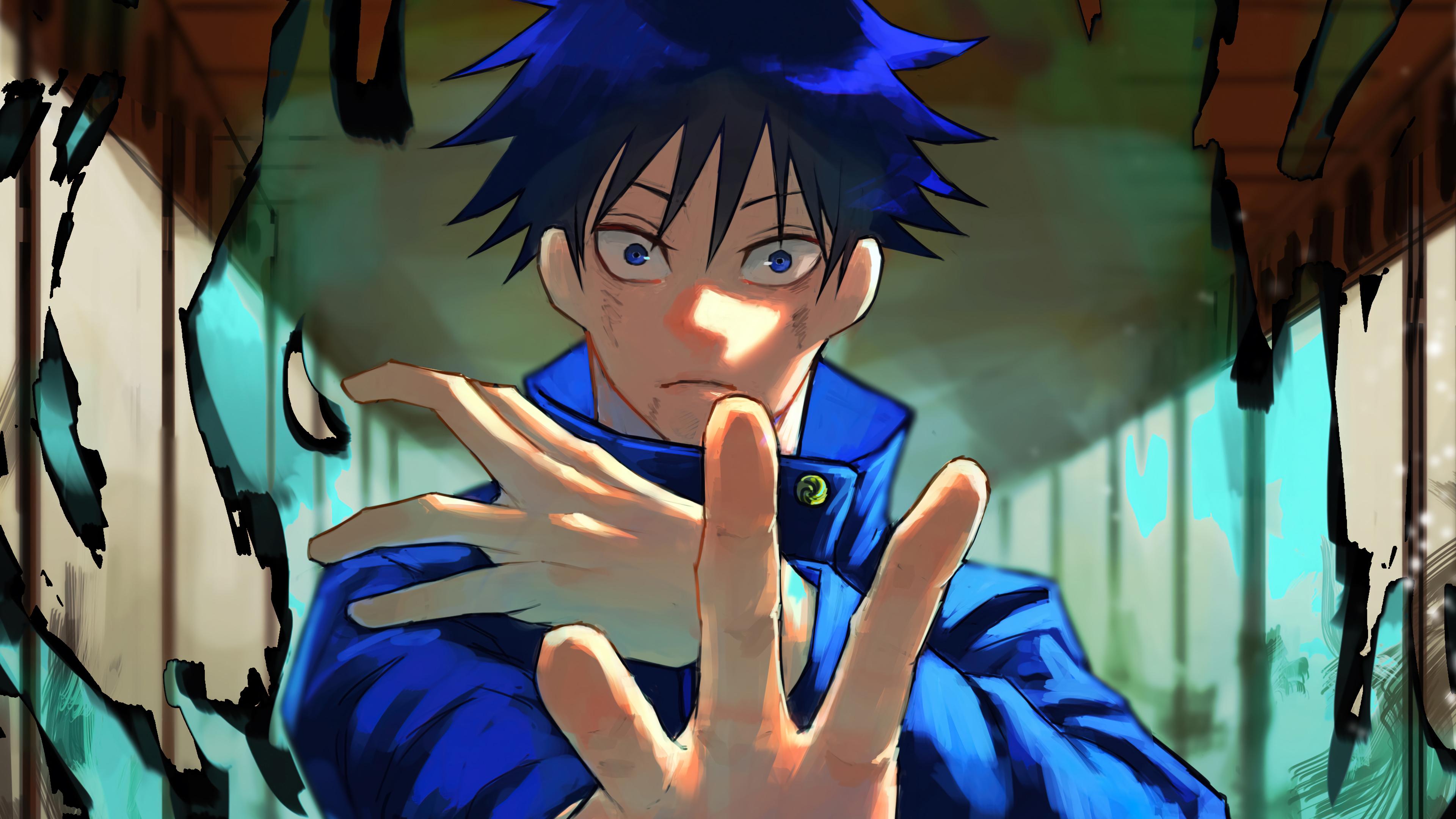 3840x2160 Blue Eyes Blue Hair Boy Jujutsu Kaisen Megumi Fushiguro School Uniform 4K HD Jujutsu Kaisen Wallpaper