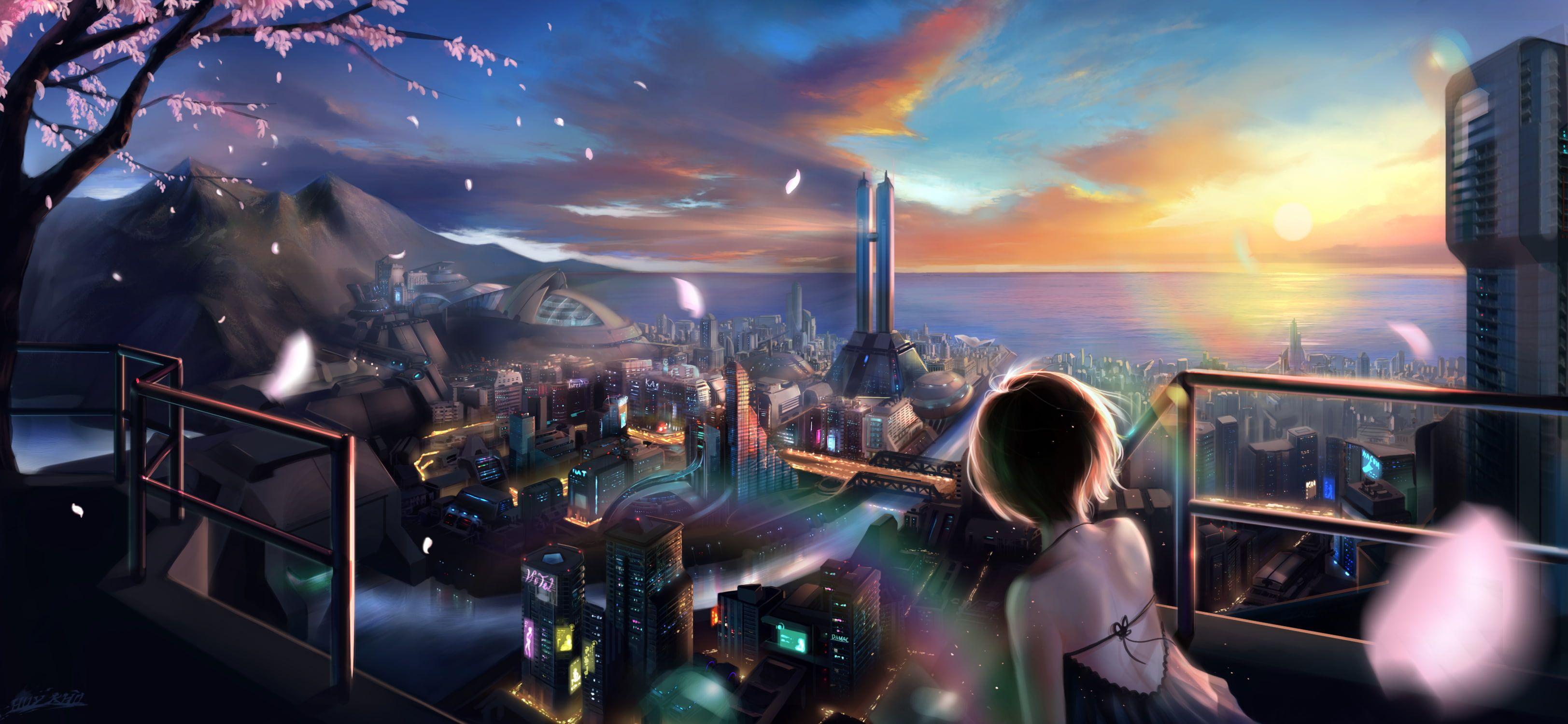 3247x1500 anime anime girls #metropolis #city short hair K #wallpaper #hdwallpaper #desktop. Anime scenery wallpaper, Scenery wallpaper, Anime scenery