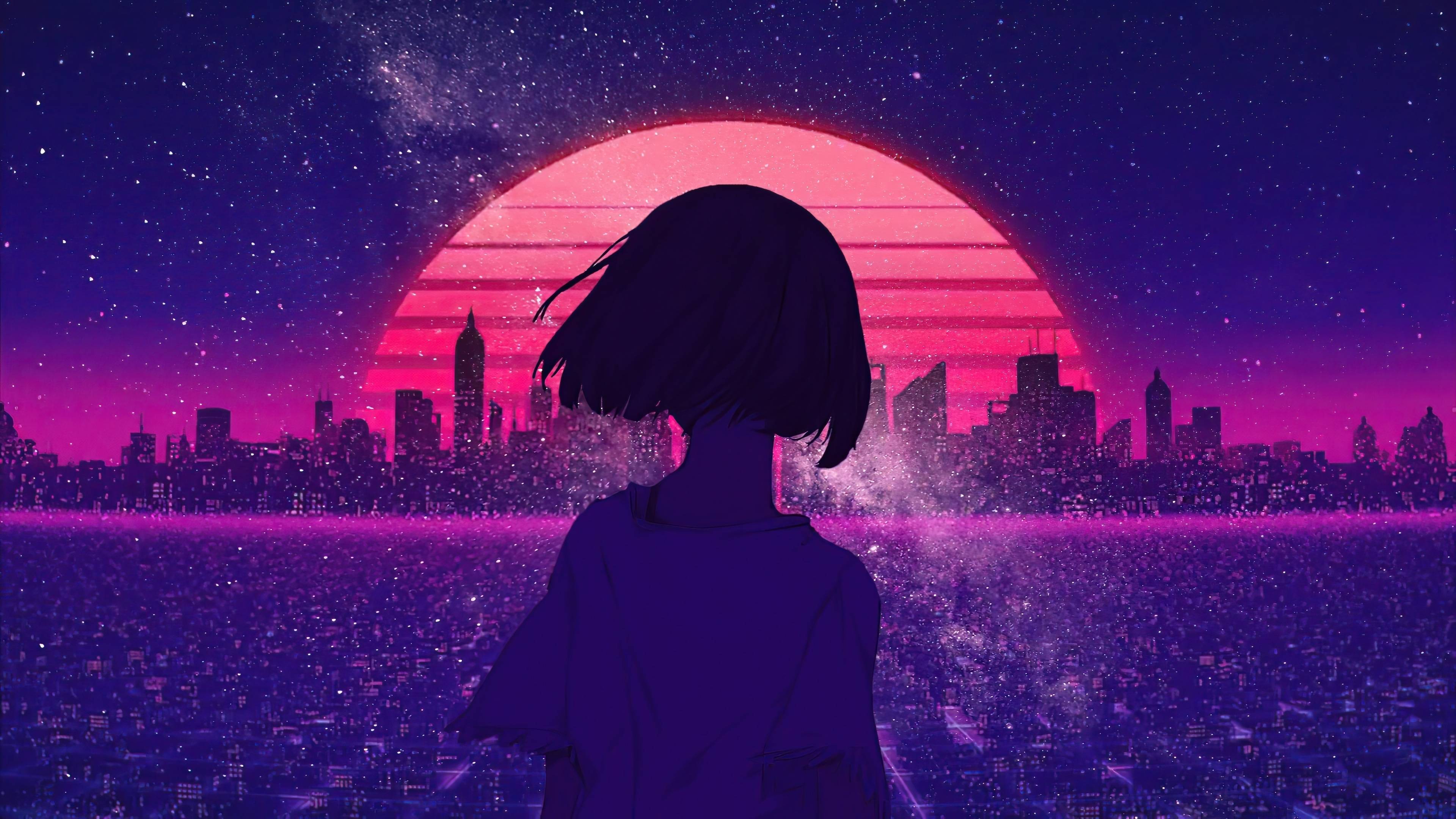 3840x2160 Anime girl on the background of the night metropolis Desktop wallpaper 1280x1024