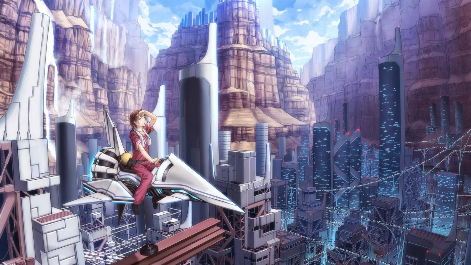 1600x900 city, street, cityscape, anime, anime girls, skyline, skyscraper, science fiction, metropolis, downtown, landmark, image, screenshot, urban area, human settlement High quality walls