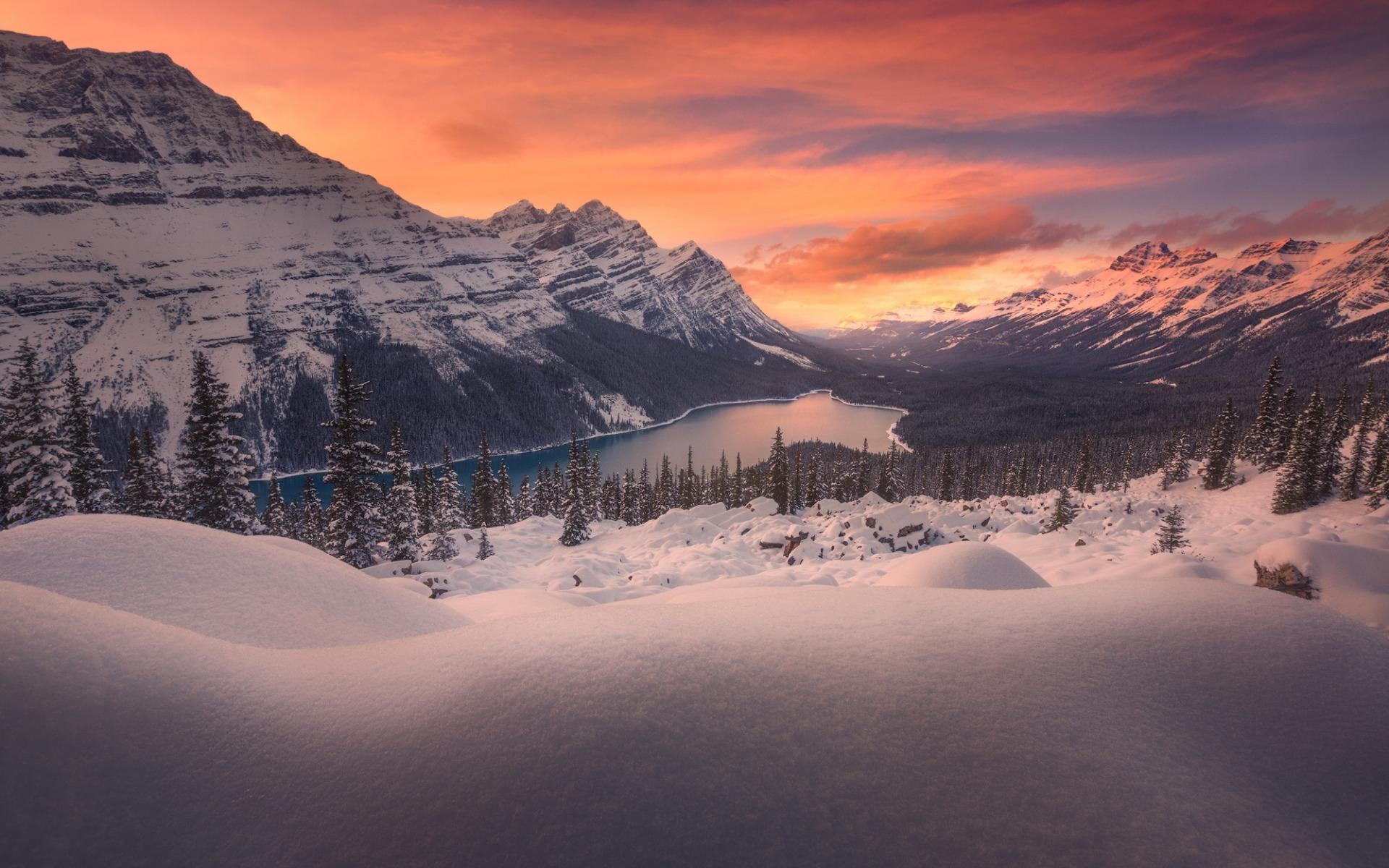 1920x1200 Download wallpaper mountain lake, winter landscape, sunset, mountains, forest, snow, Montana, USA for desktop with resolution 1920x1200. High Quality HD picture wallpaper
