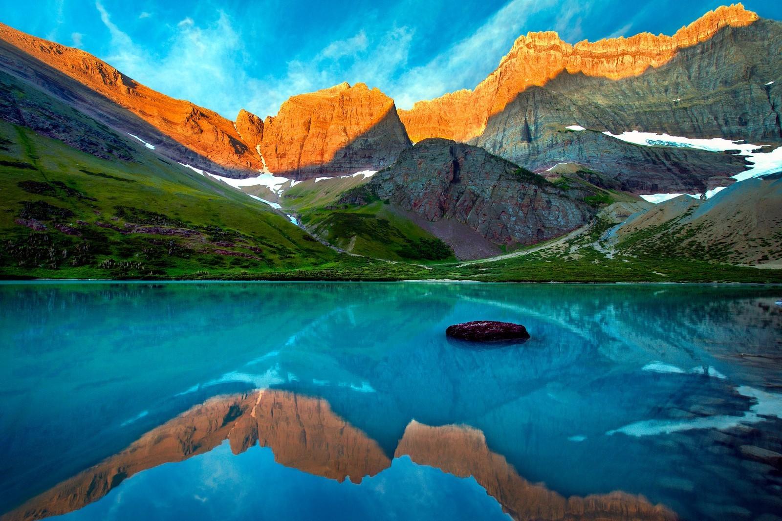 1600x1066 nature, Landscape, Glacier National Park, Montana, Lake, Mountain, Sunset, Turquoise, Water, Reflection, Grass, Snow Wallpaper HD / Desktop and Mobile Background