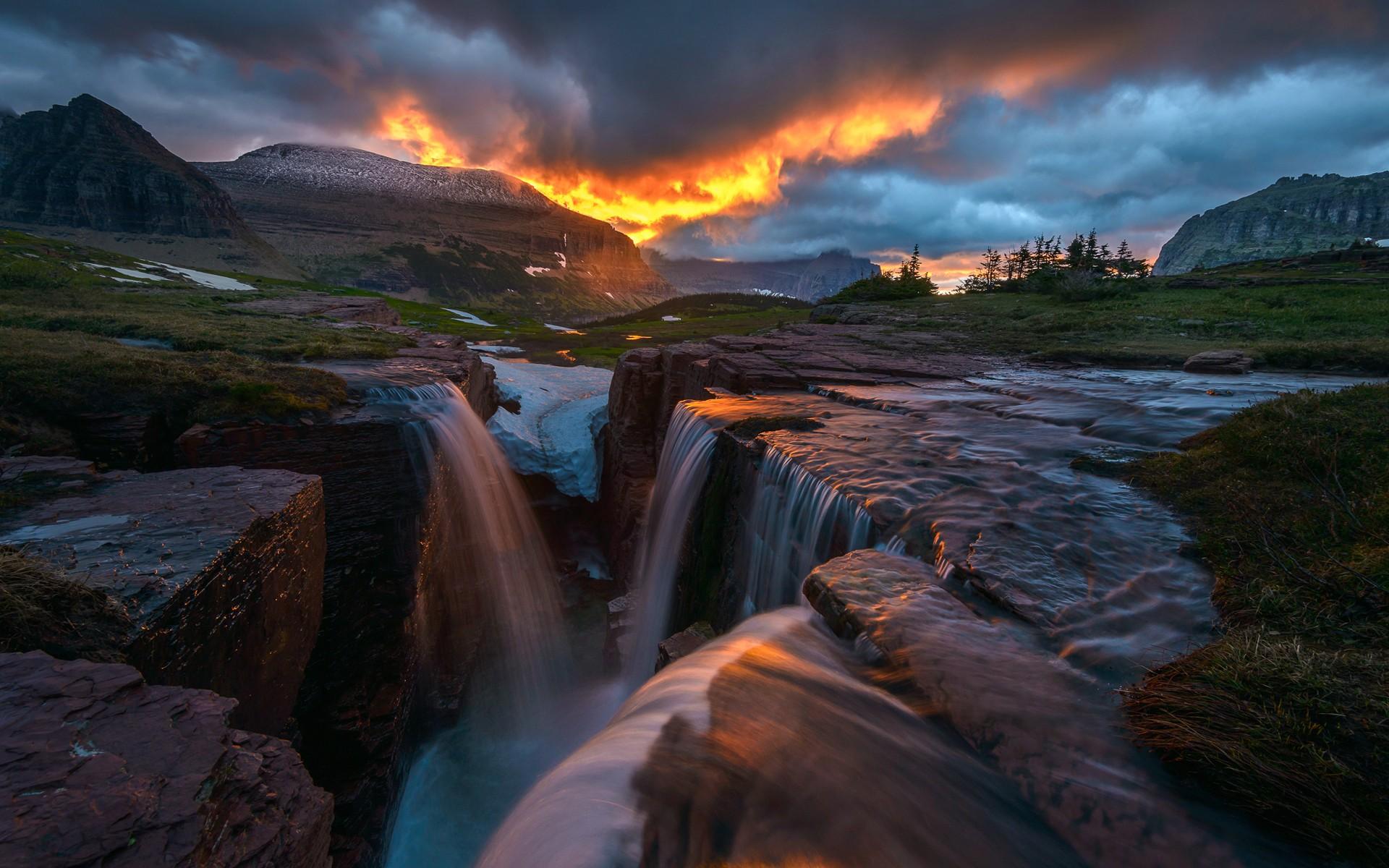 1920x1200 #Montana, #clouds, #sunset, #Glacier National Park, #nature, #USA, #long exposure, #rock, #hills, #waterfall, #trees, #mountains, #ice, #landscape, #snow, #grass, wallpaper. Mocah HD Wallpaper