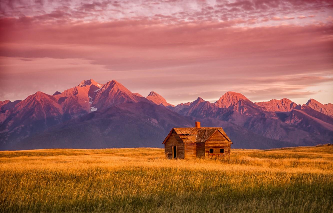 1332x850 Wallpaper mountains, dawn, Montana, USA, abandoned house image for desktop, section пейзажи