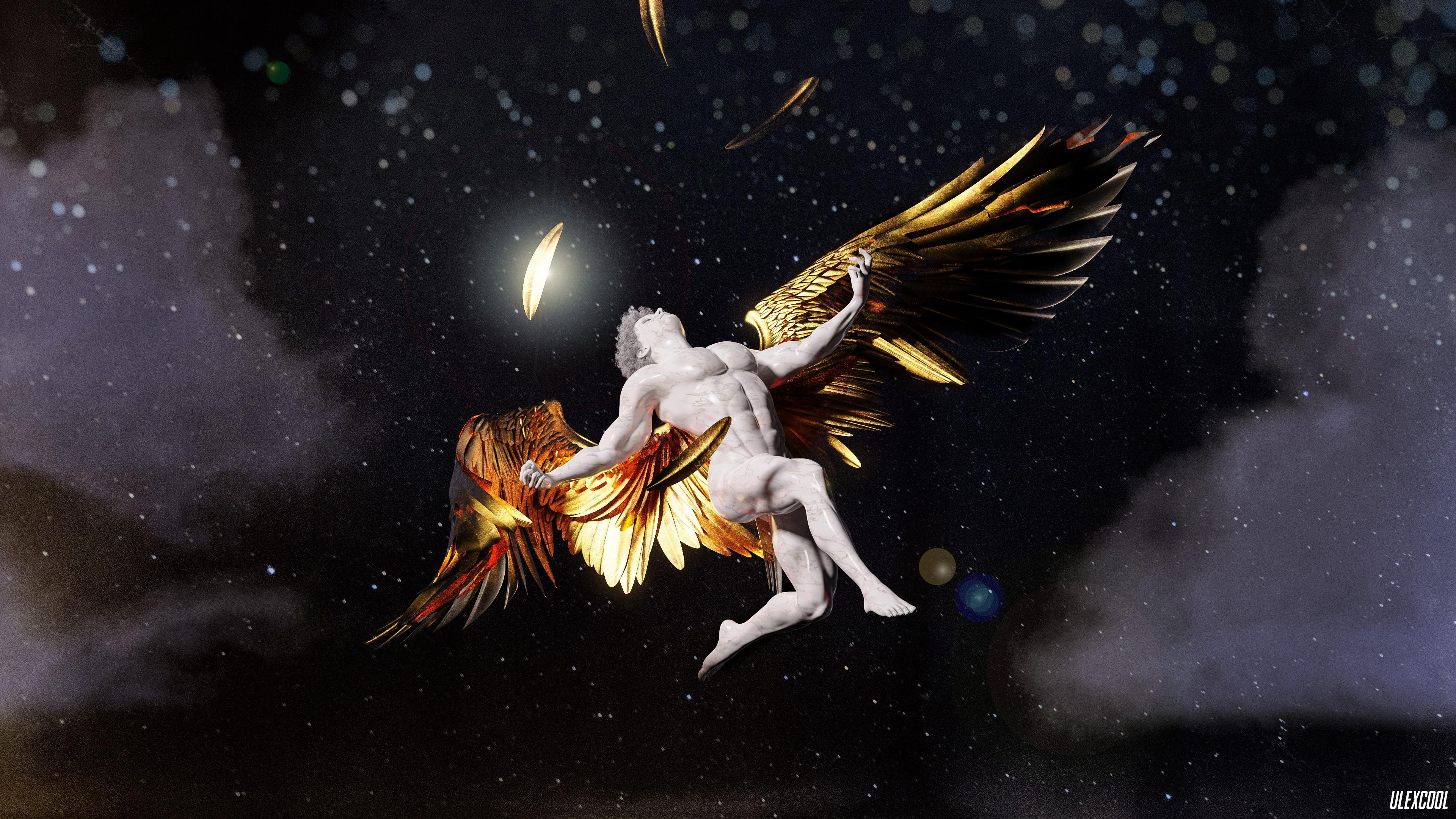 3840x2160 Wallpaper / Greek, mythology, Greek mythology, Ancient Greek sculpture, sculpture, marble, gold, stars, CGI, digital art, 3D graphics, DAZ, Daz 3D, Blender, Icarus, feathers, flying, clouds