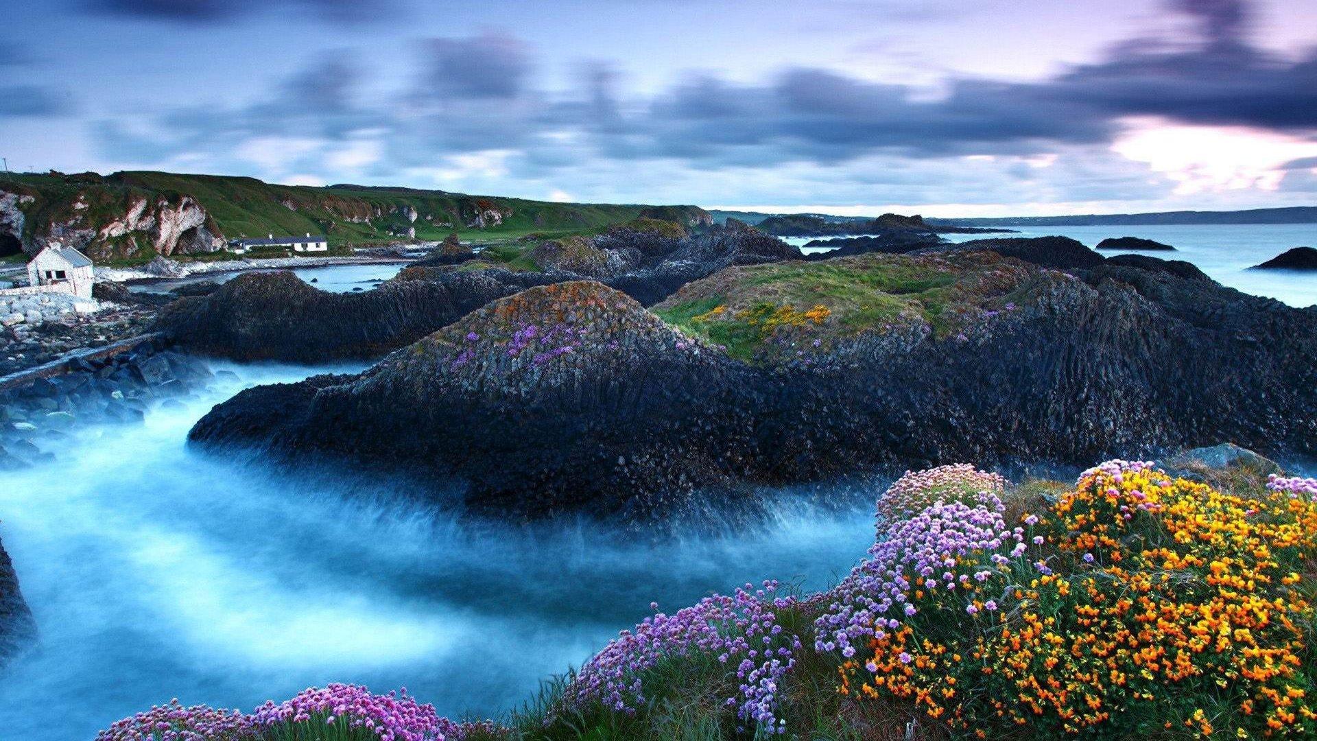 1920x1080 spring, sky, clouds, sea, mountains, flowers, nature, coast, meadow