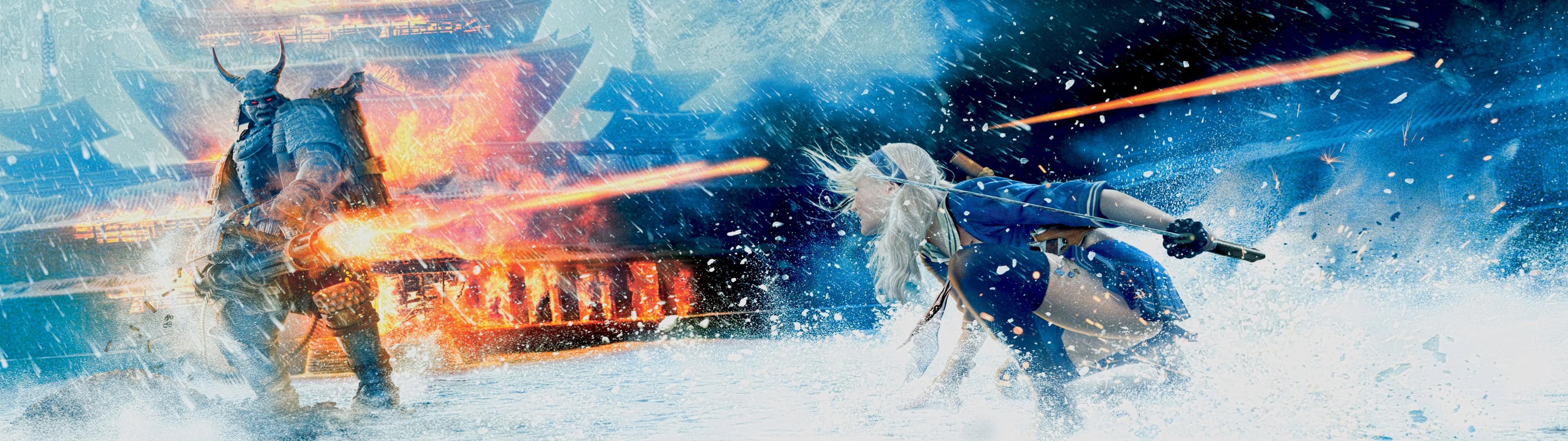 3840x1080 Babydoll, Blonde, Dual monitors, Multiple display, Sucker Punch, Snow, Fighting, Movies, School uniform, Chain guns, Samurai, Katana Wallpaper HD / Desktop and Mobile Background