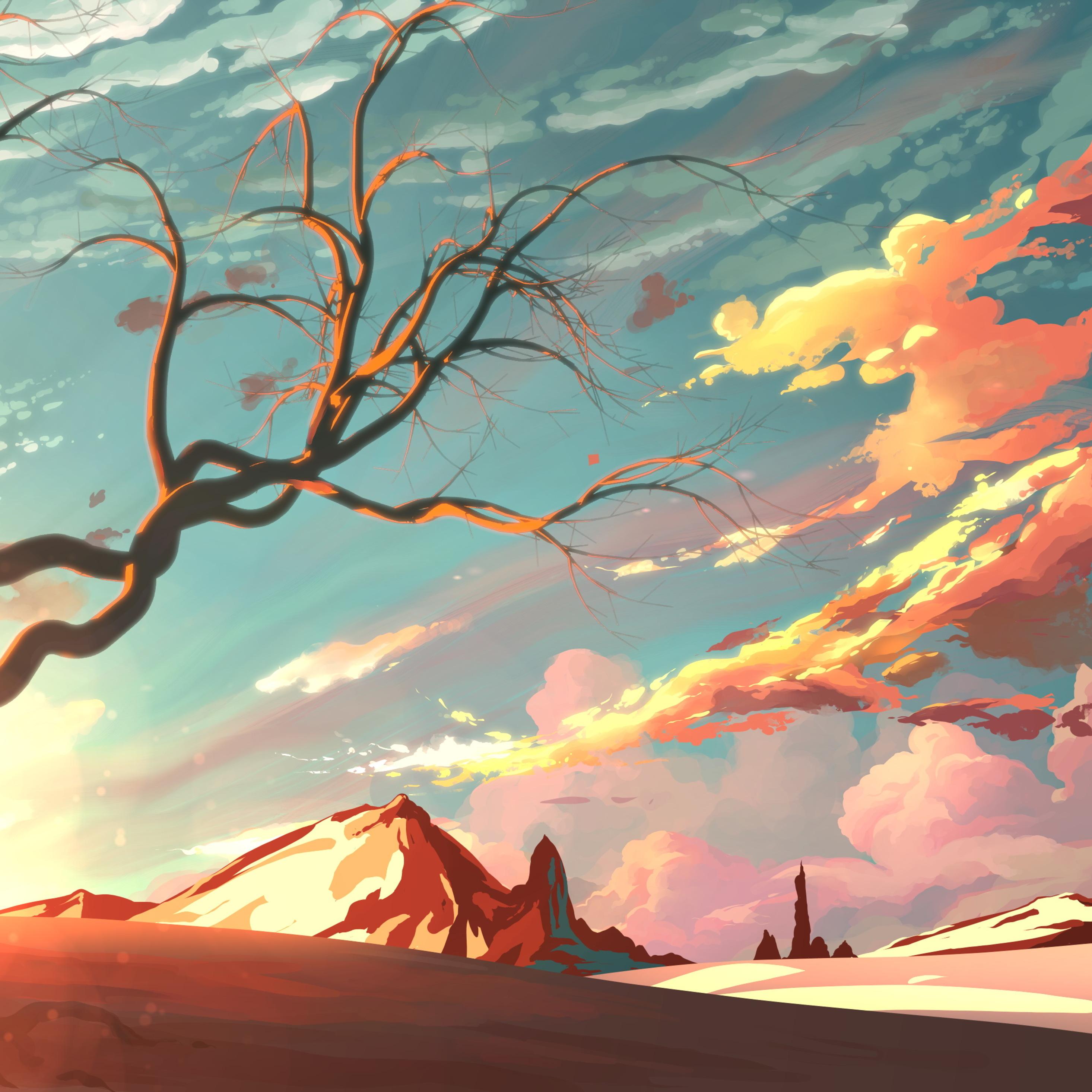 2932x2932 Red Sky Mountains Trees Digital Art Painting 4k iPad Pro Retina Display HD 4k Wallpaper, Image, Background, Photo and Picture