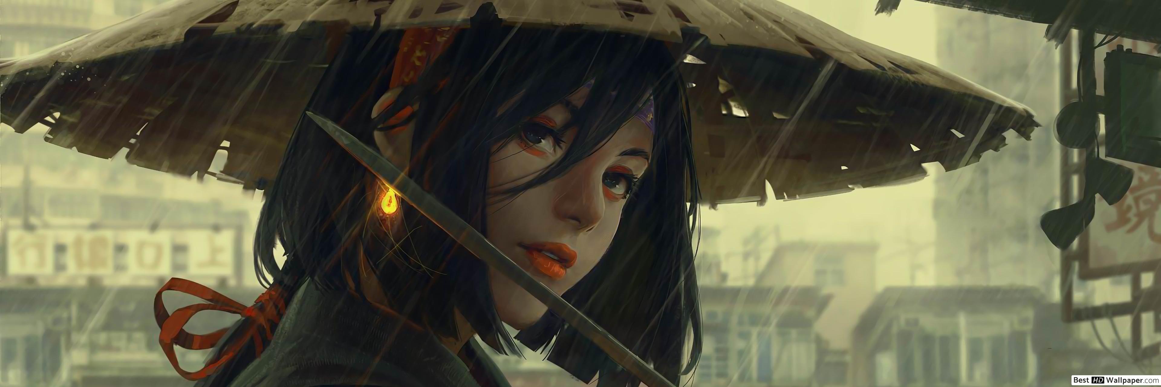 3840x1280 Samurai Girl Warrior HD wallpaper download