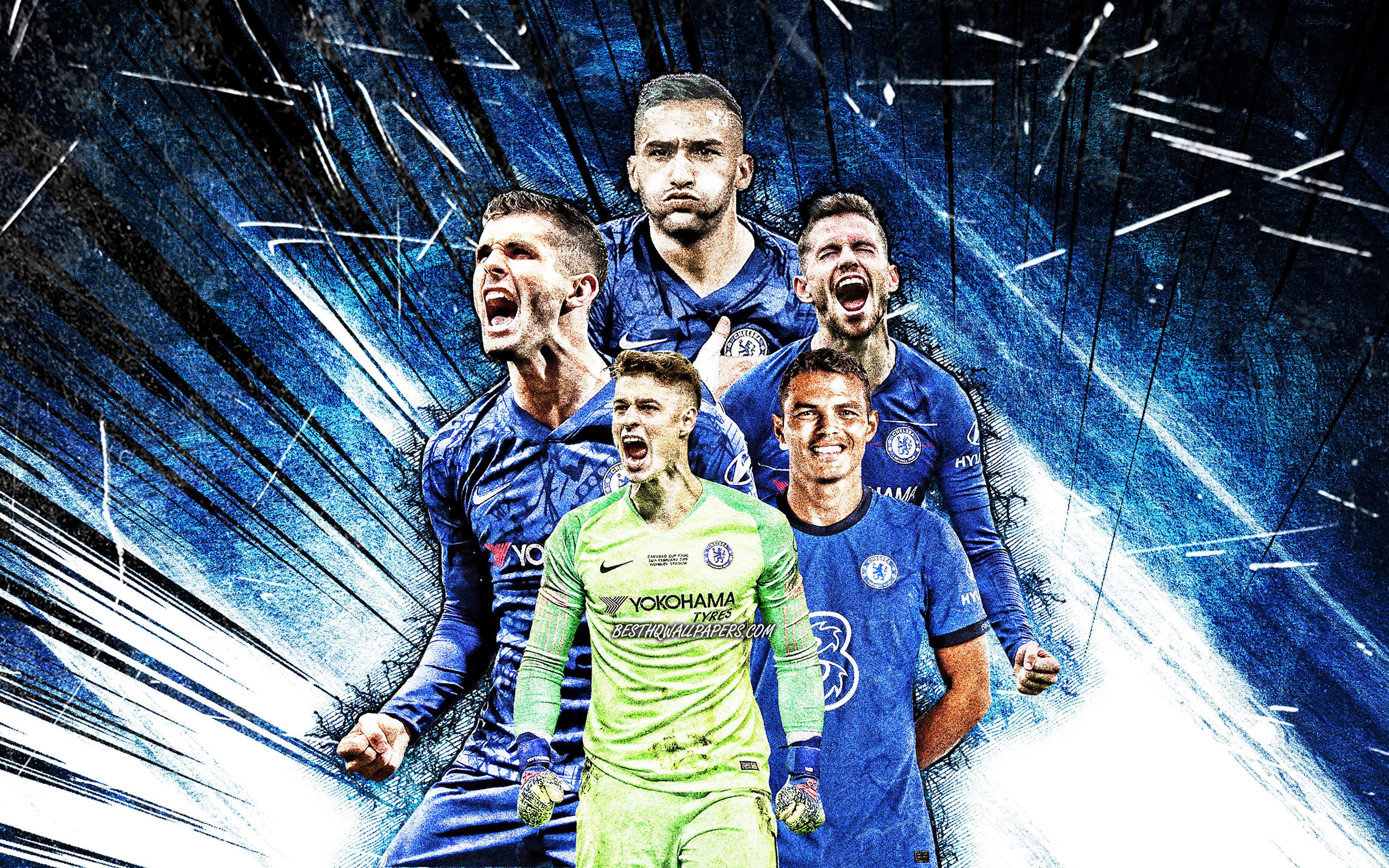 3840x2400 Download wallpaper 4k, Hakim Ziyech, Thiago Silva, Christian Pulisic, Kepa Arrizabalaga, Jorginho, grunge art, Chelsea FC, football stars, Premier League, Chelsea team, blue abstract rays, soccer for desktop with resolution 3840x2400. High