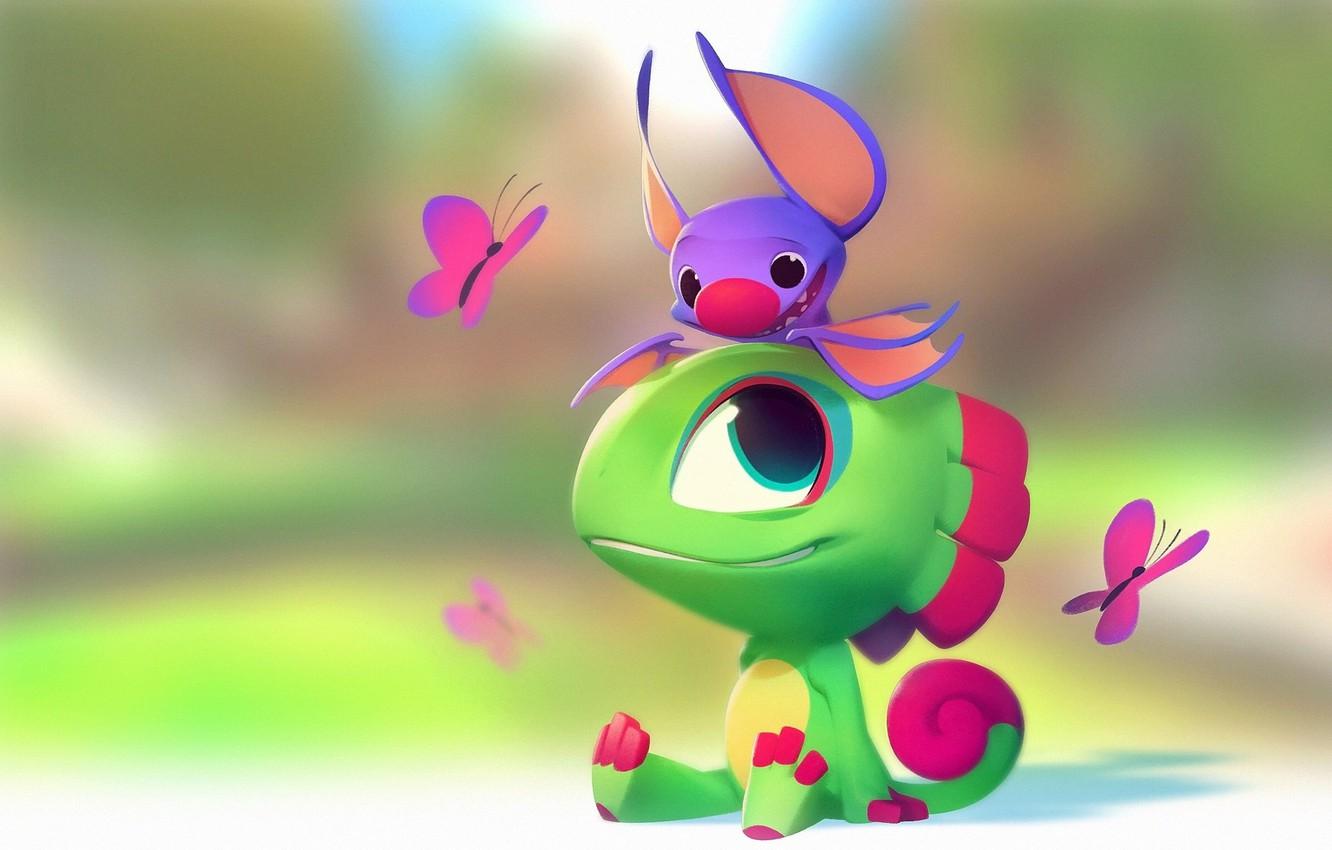 1332x850 Wallpaper mood, butterfly, art, lizard, bat, children's, Nicholas Kole, Yooka Laylee image for desktop, section фантастика