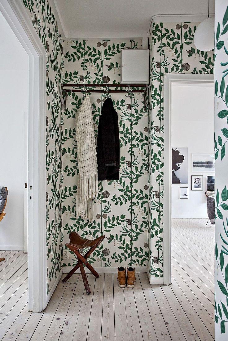 736x1103 Room of the Week - A Whimsical Wallpapered Hallway kelley. Small hallway ideas, Minimalist entryway, Home decor