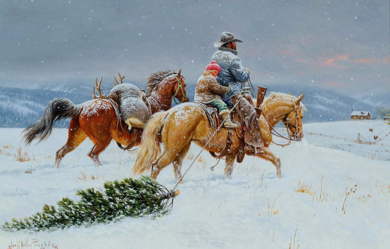 1332x850 Wallpaper winter, the sky, snow, landscape, mountains, house, holiday, horse, tree, Christmas, picture, genre, Clark Kelley Price, What Money Cant Buy image for desktop, section живопись