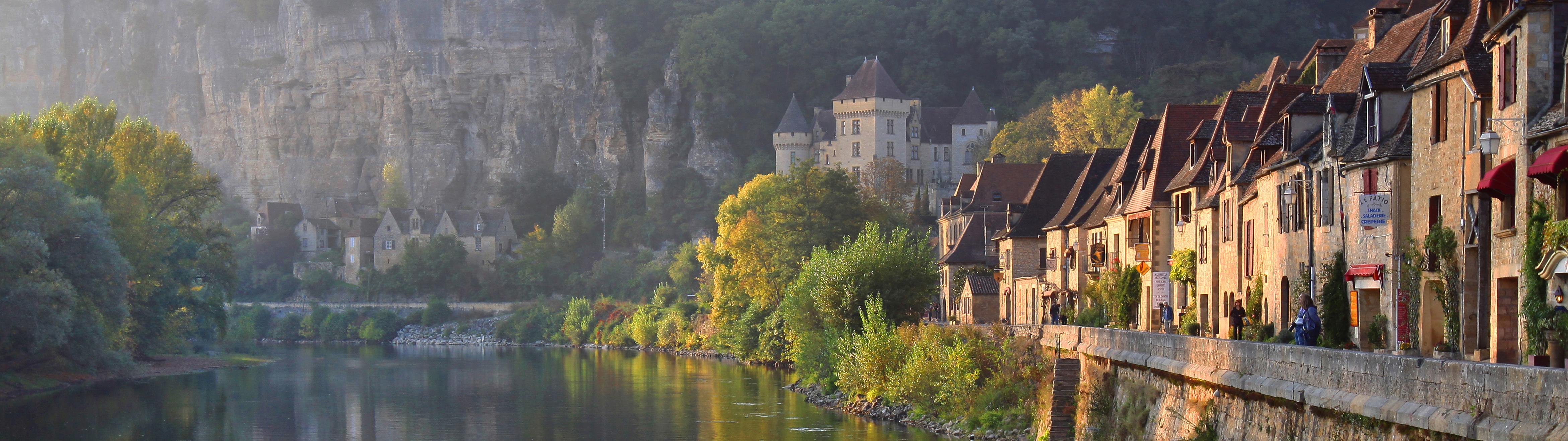 4683x1317 #cliff, #castle, #stream, #nature, #France, #multiple display, #trees, #landscape, #La Roque Gageac, #villages, #mountains, #river, #dual monitors, wallpaper. Mocah HD Wallpaper