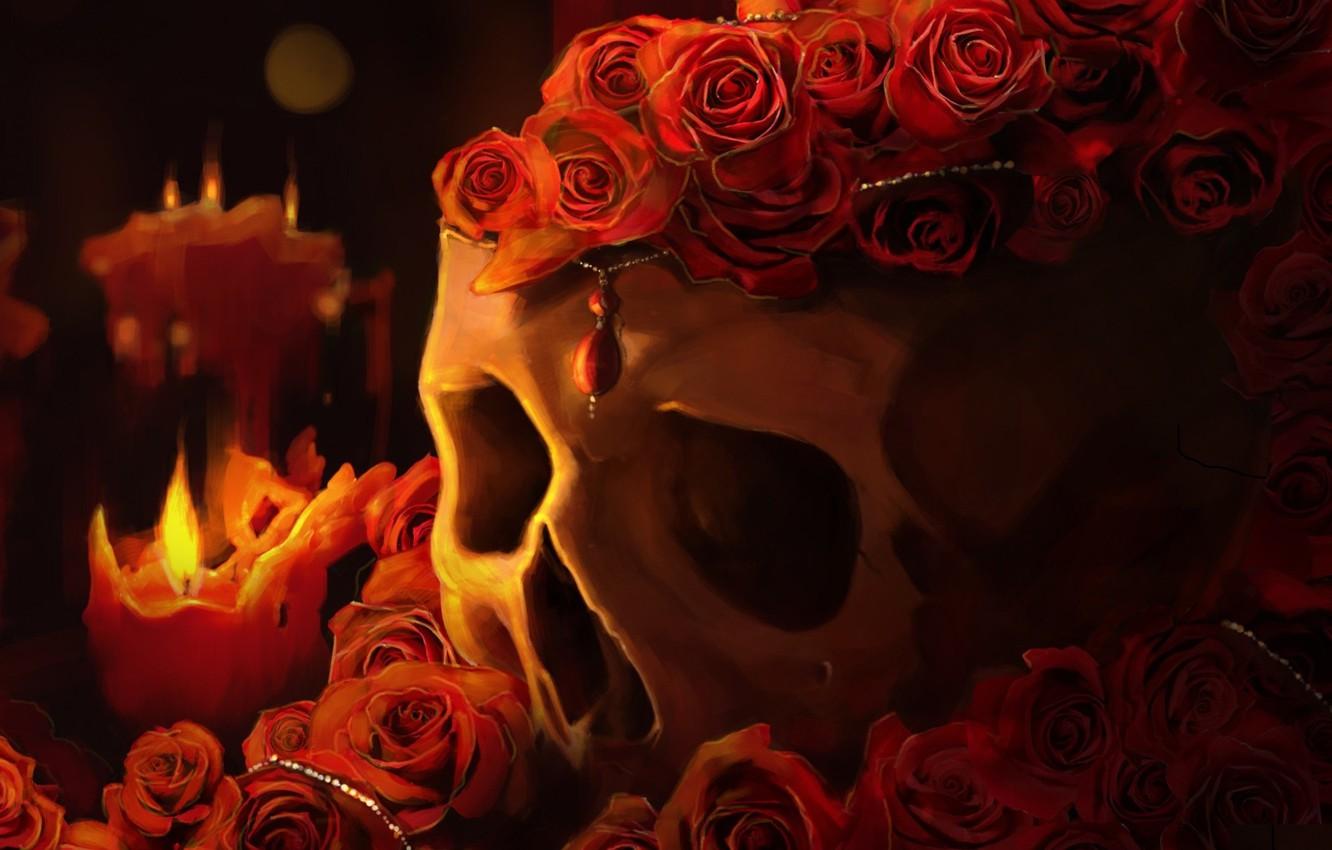 1332x850 Wallpaper FIRE, RED, SKULL, FLOWERS, FLAME, ROSES, PENDANT, CANDLES image for desktop, section разное