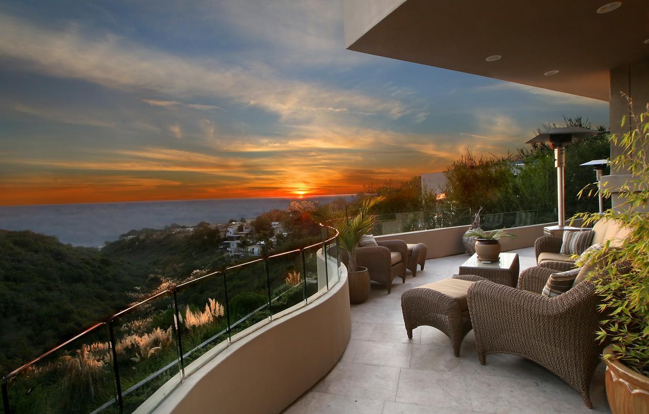 1332x850 Wallpaper sea, sunset, nature, photo, dawn, interior, chairs, lights, balcony, Gorizont image for desktop, section интерьер
