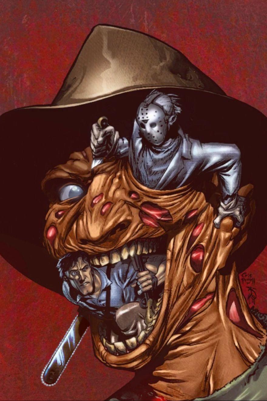 880x1322 Freddy vs. Jason vs. Ash (WERBLE) • Image in Motion. Horror art scary, Horror movie icons, Horror movie art