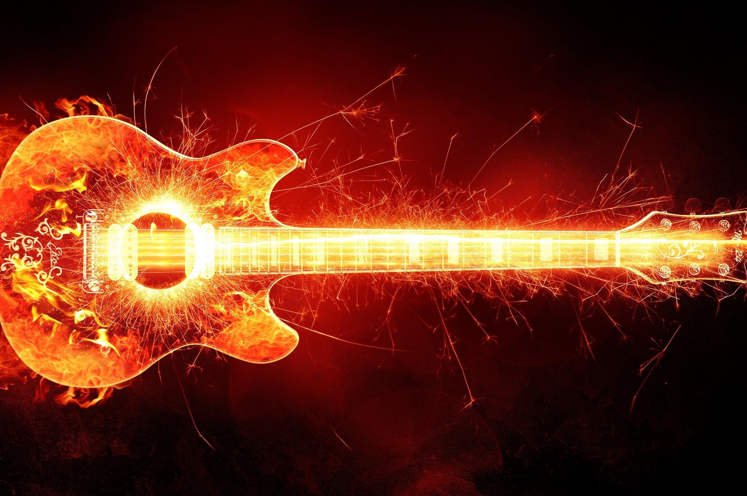 2560x1700 Download 2560x1700 Guitar, Artistic, Fire, Particles, Instrument Wallpaper for Chromebook Pixel