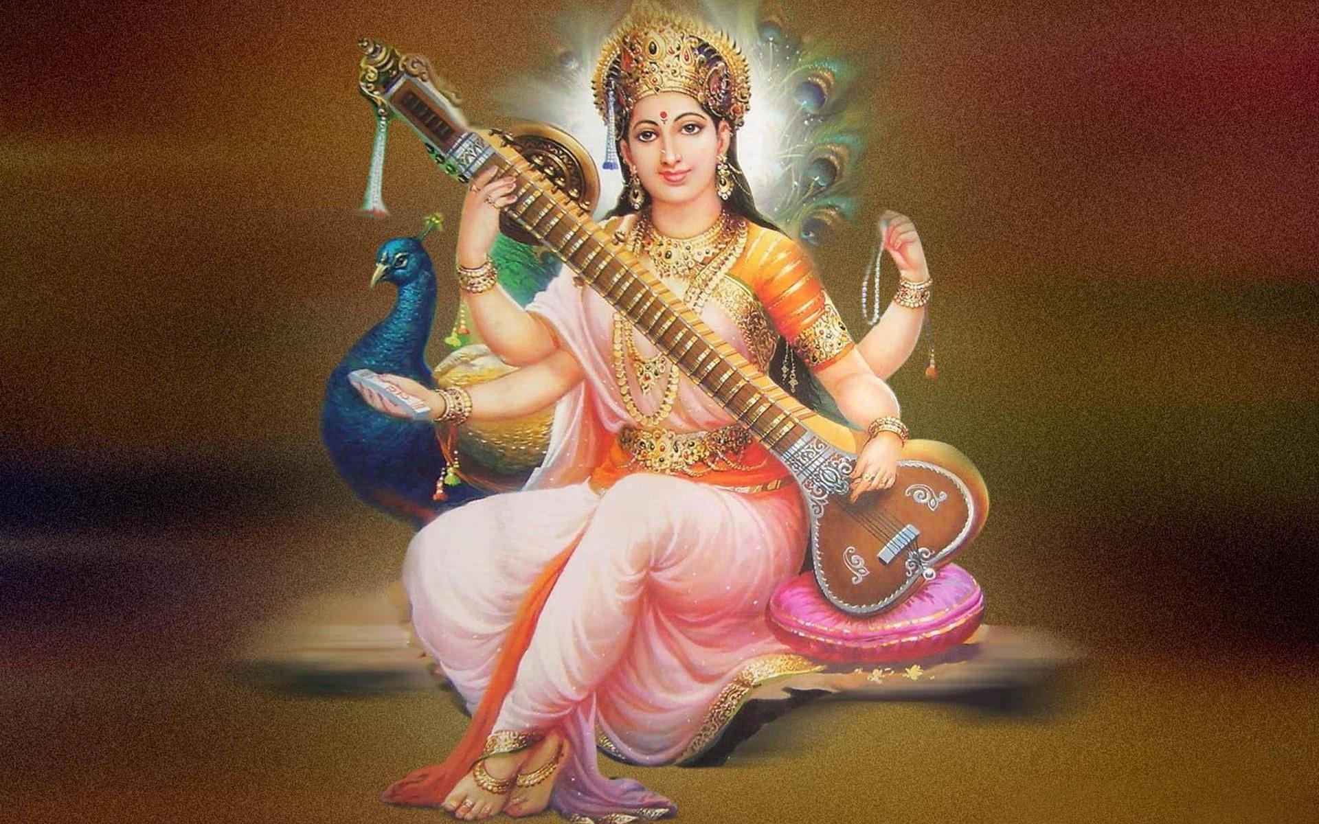 1920x1200 Sarasvati Maa Sharada Vidya Devu Goddess Wallpaper With Peacock HD
