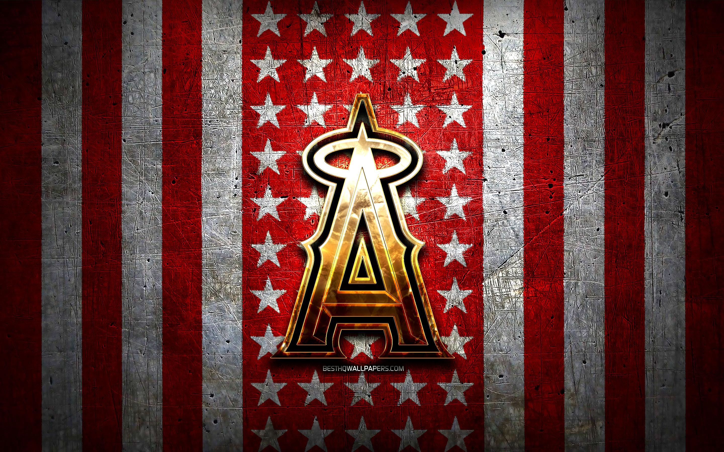 2880x1800 Download wallpaper Los Angeles Angels flag, MLB, red white metal background, american baseball team, Los Angeles Angels logo, USA, baseball, Los Angeles Angels, golden logo, LA Angels for desktop with resolution 2880x1800