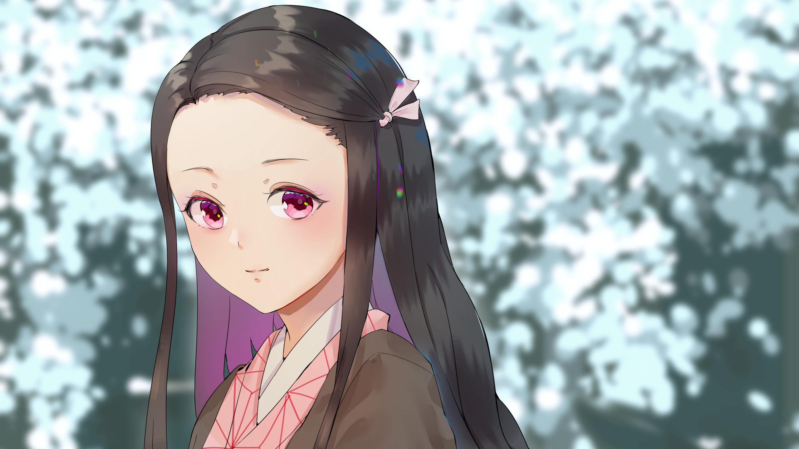 2560x1440 Demon Slayer Nezuko Kamado With Pink Eyes And Black Hair With Blur Background HD Anime Wallpaper