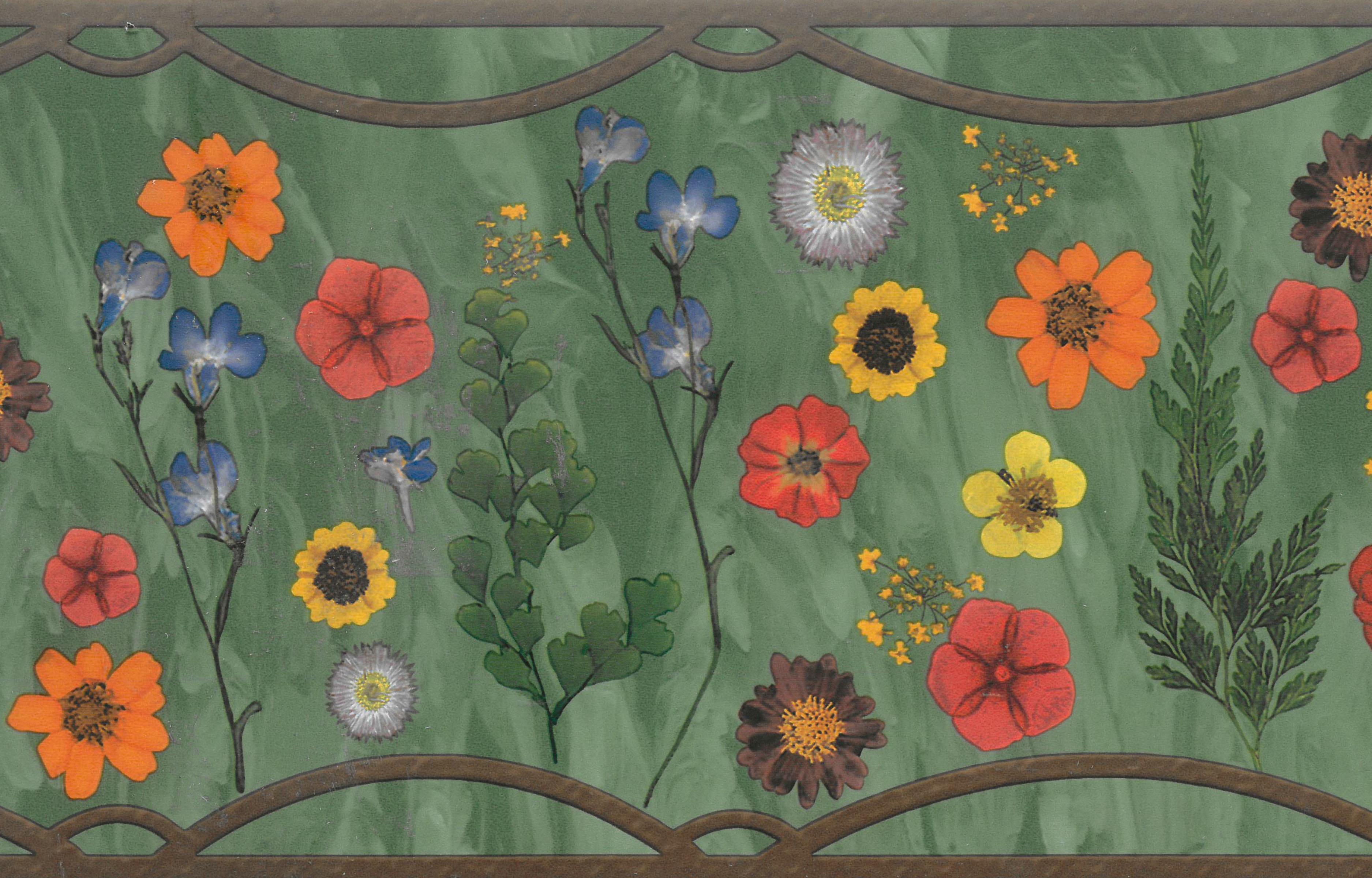 3750x2400 Prepasted Wallpaper Border Sage Green, Red, Orange, Yellow, Blue Flowers Wall Border Retro Design, 15 ft x 7 in (4.57m x 17.78cm)