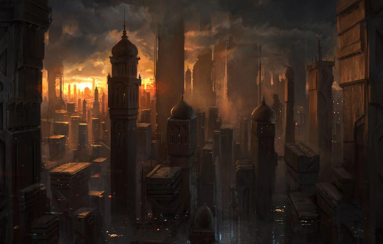 1332x850 Wallpaper sunset, the city, future, the evening, art, India, the dome, megapolis, Michal Kus image for desktop, section живопись