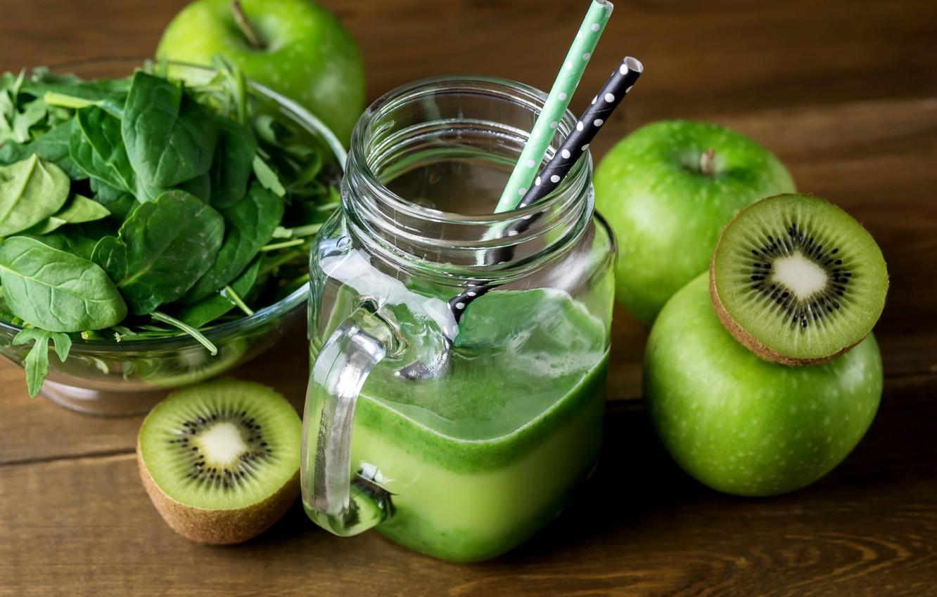1332x850 Wallpaper greens, leaves, apples, Board, food, kiwi, juice, mug, drink, bowl, fruit, tube, smoothies, spinach image for desktop, section еда