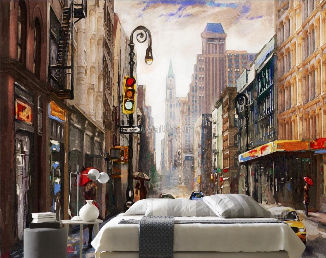 1100x869 Oil Paintinging Style Street View of New York City Landscape Wallpaper Mural • Wallmur®