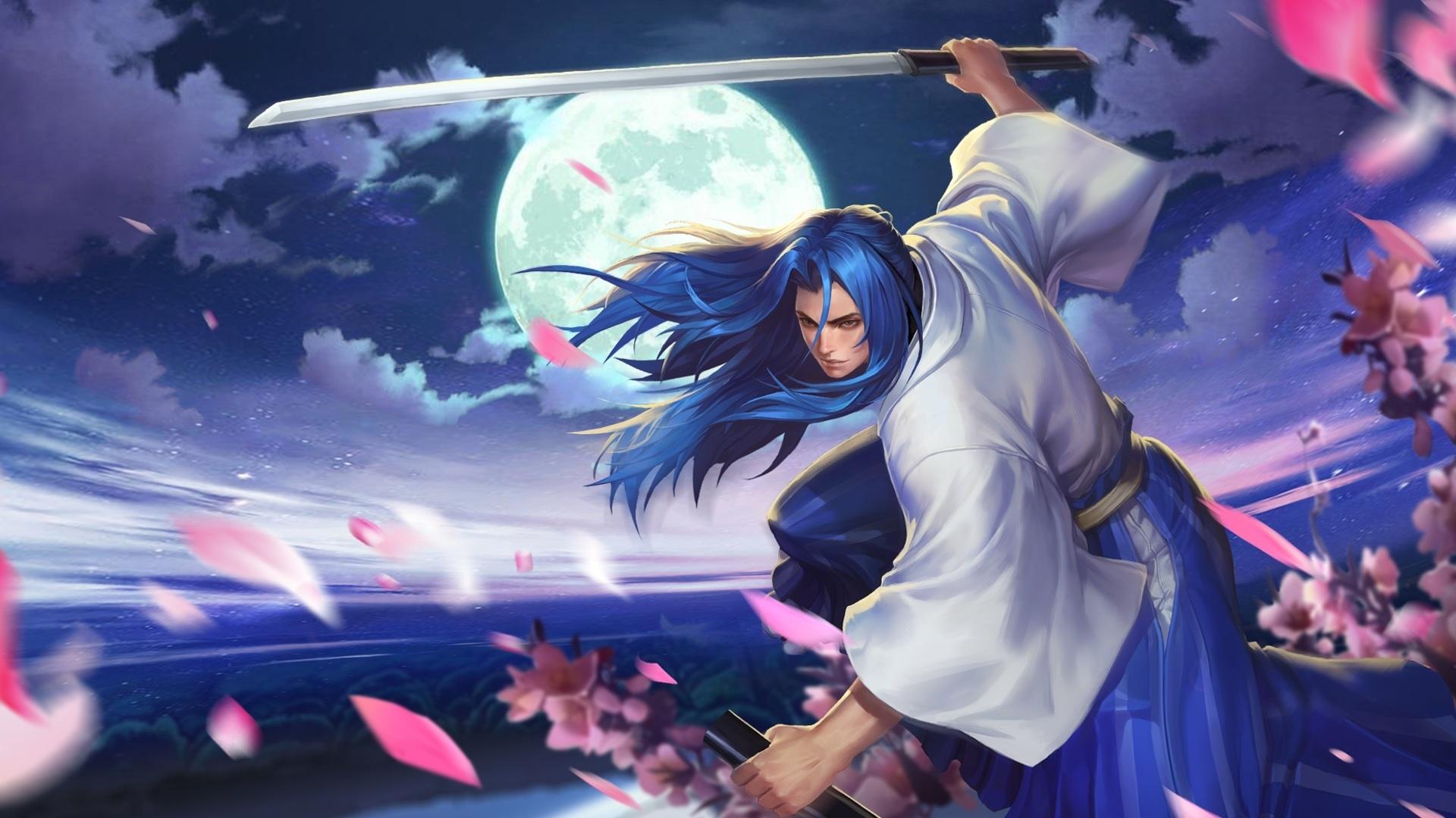 1920x1080 Wallpaper / ukyo tachibana, luna, luminos, game, man, fantasy, moon, petals, white, pink, blue, king of glory