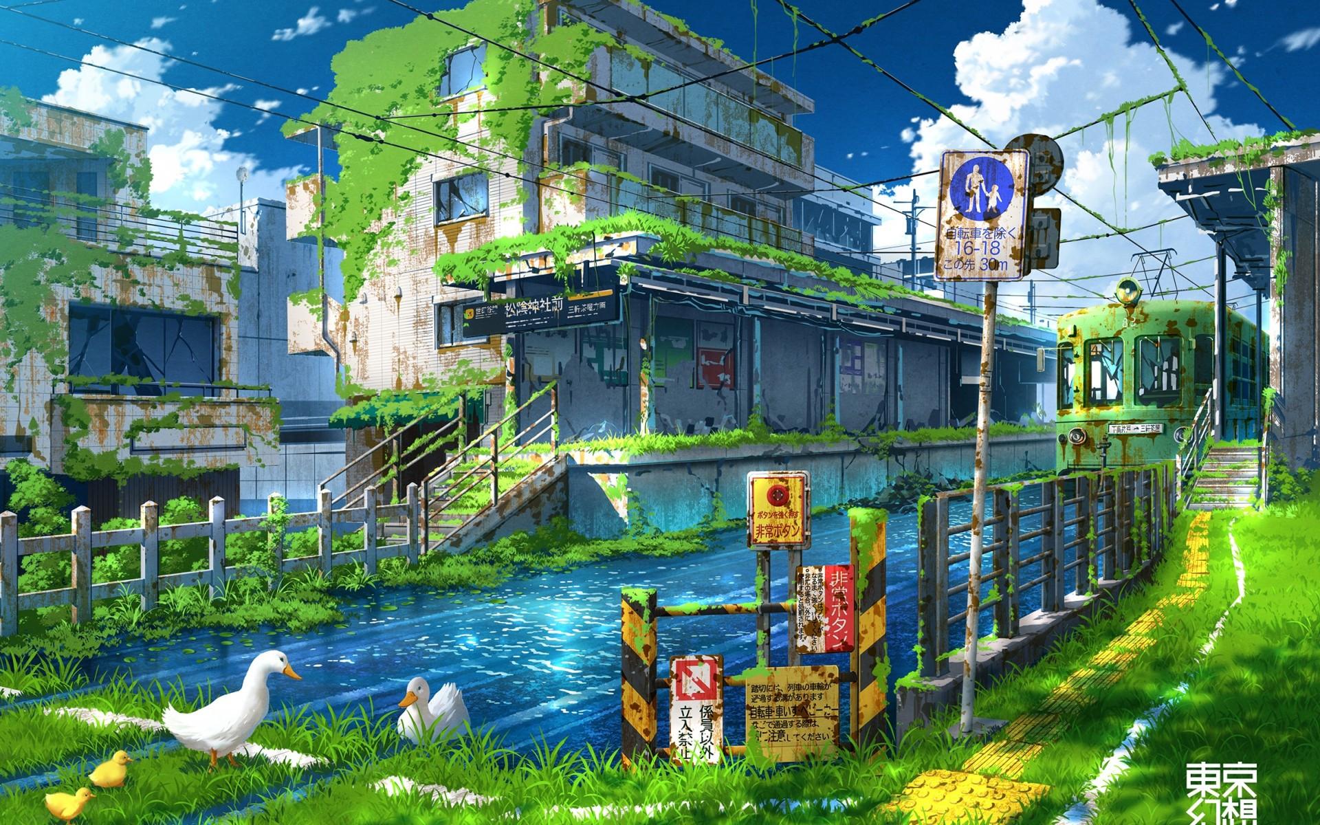 1920x1200 Download 1920x1200 Anime Ruins, Post Apocalyptic, Green, Ducks, Buildings, Train Wallpaper For MacBook Pro 17 Inch