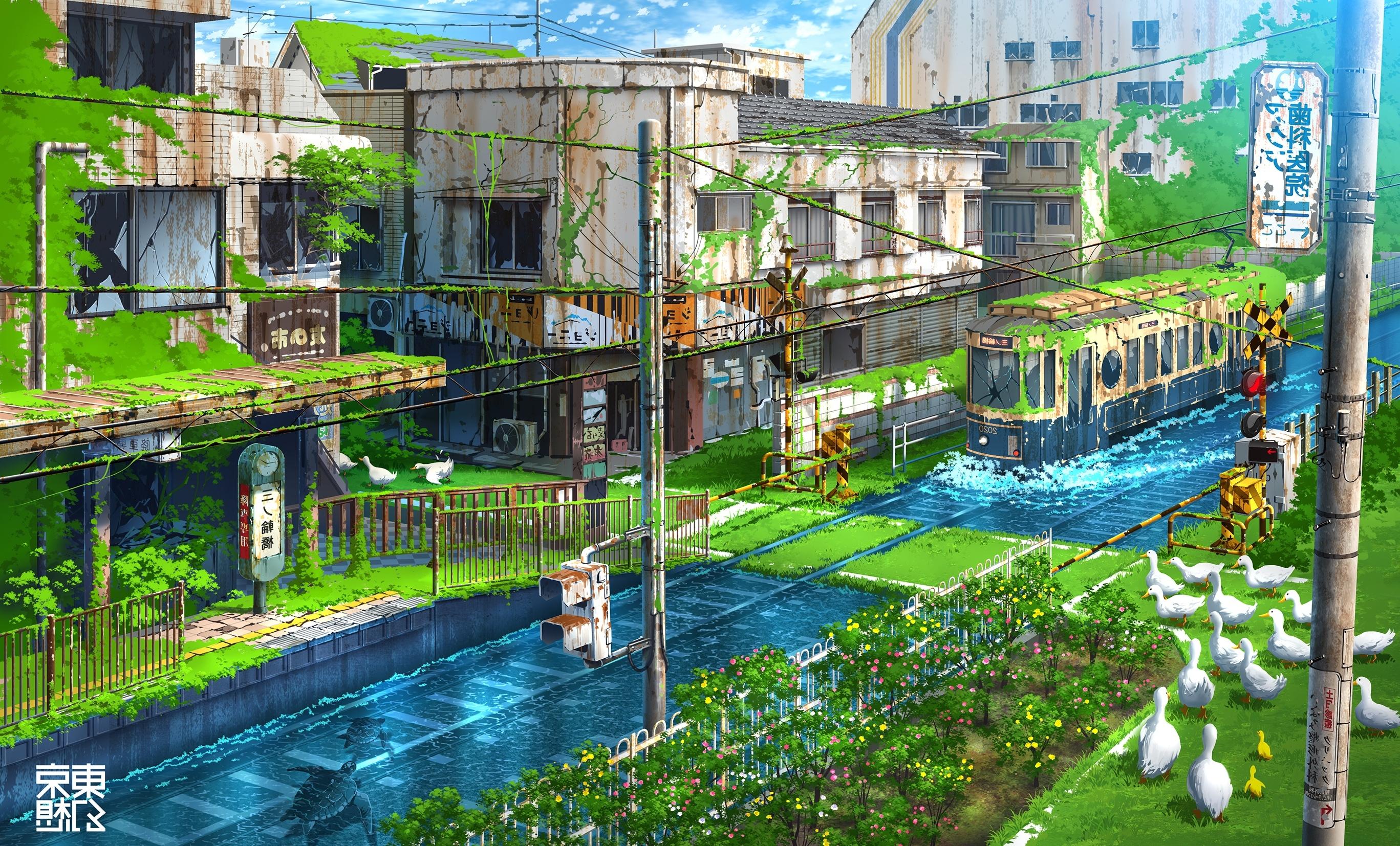 2735x1654 Wallpaper Anime Apocalypse, Green, Post Apocalyptic, Ruins, Buildings, Fresh Water:2735x1654