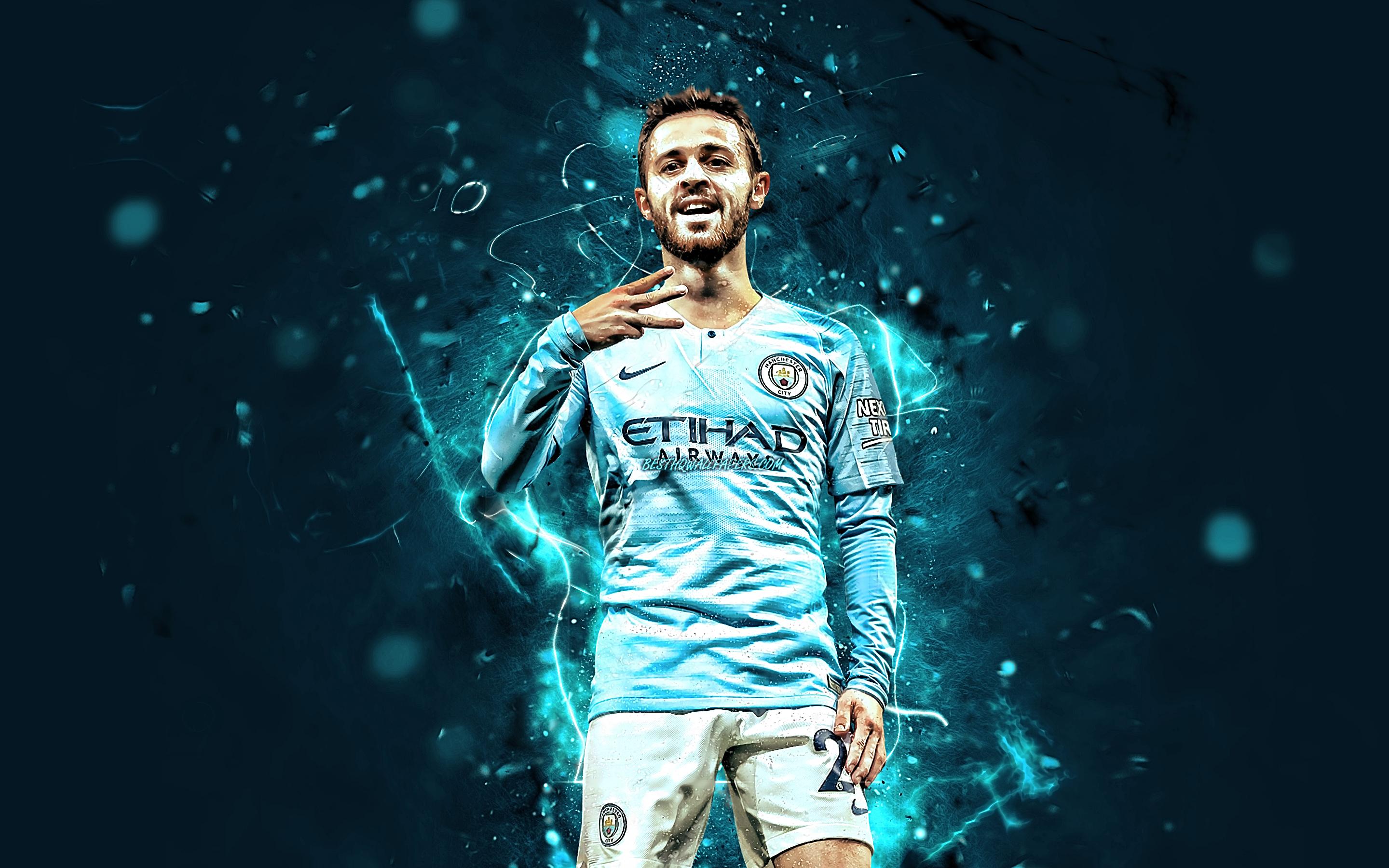 2880x1800 Download wallpaper Bernardo Silva, joy, Manchester City FC, goal, soccer, England, Bernardo Mota Veiga de Carvalho e Silva, Premier League, Man City, neon lights for desktop with resolution 2880x1800. High Quality HD
