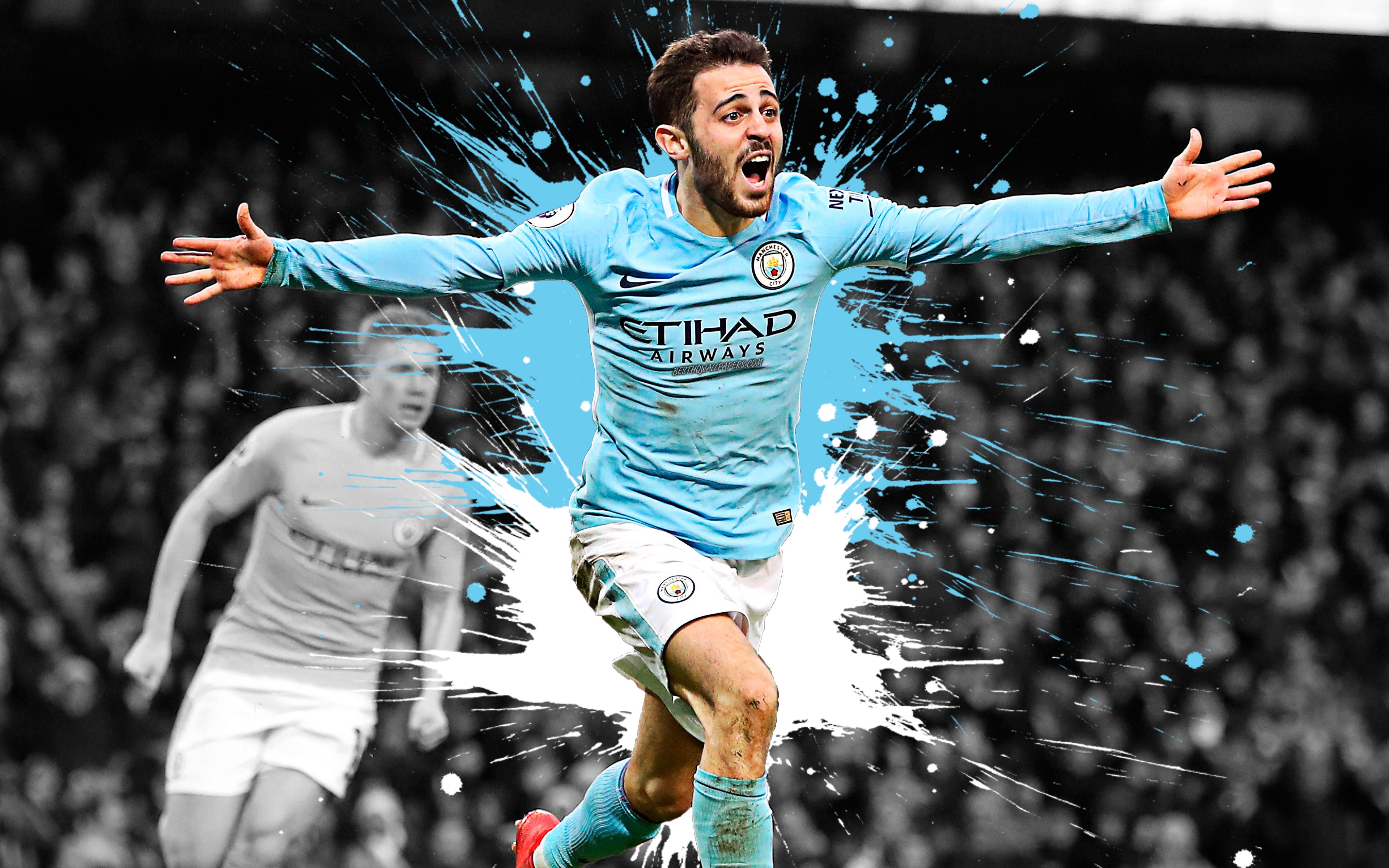 3840x2400 Download wallpaper Bernardo Silva, 4k, art, Manchester City FC, Portuguese football player, splashes of paint, grunge art, creative art, Premier League, England, football for desktop with resolution 3840x2400. High Quality HD picture