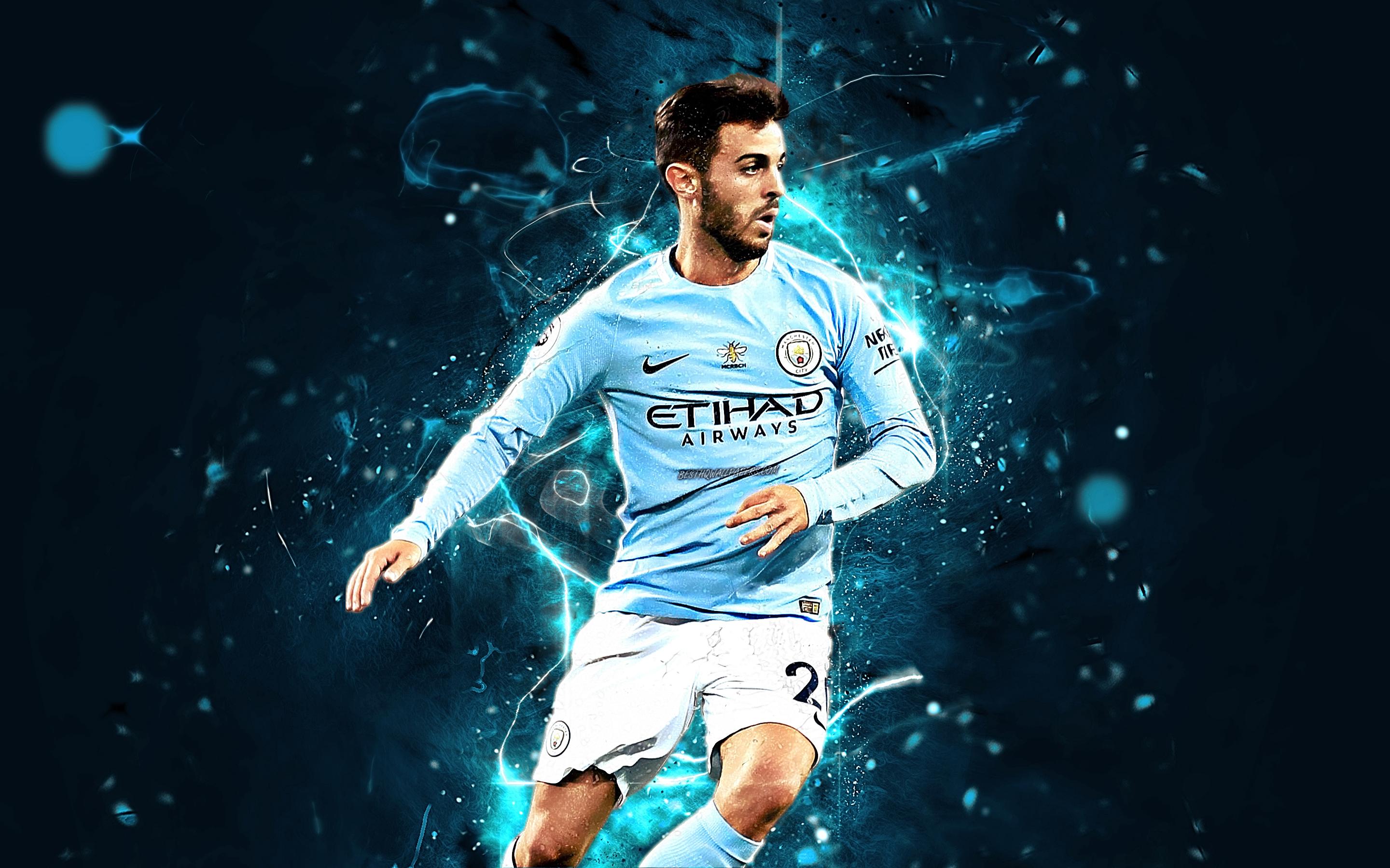 2880x1800 Download wallpaper Bernardo Silva, midfielder, portuguese footballers, Manchester City FC, soccer, Silva, abstract art, Premier League, Man City, football, neon lights for desktop with resolution 2880x1800. High Quality HD picture wallpaper