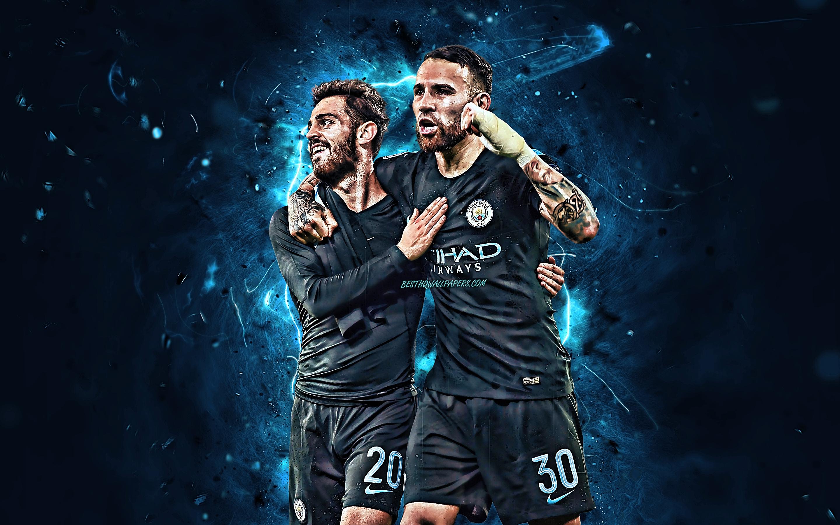 2880x1800 Download wallpaper Bernardo Silva, Nicolas Otamendi, black uniform, goal, Manchester City FC, soccer, Nicolas Hernan Gonzalo Otamendi, Bernardo Mota Veiga de Carvalho e Silva, Premier League, Man City, neon lights for desktop