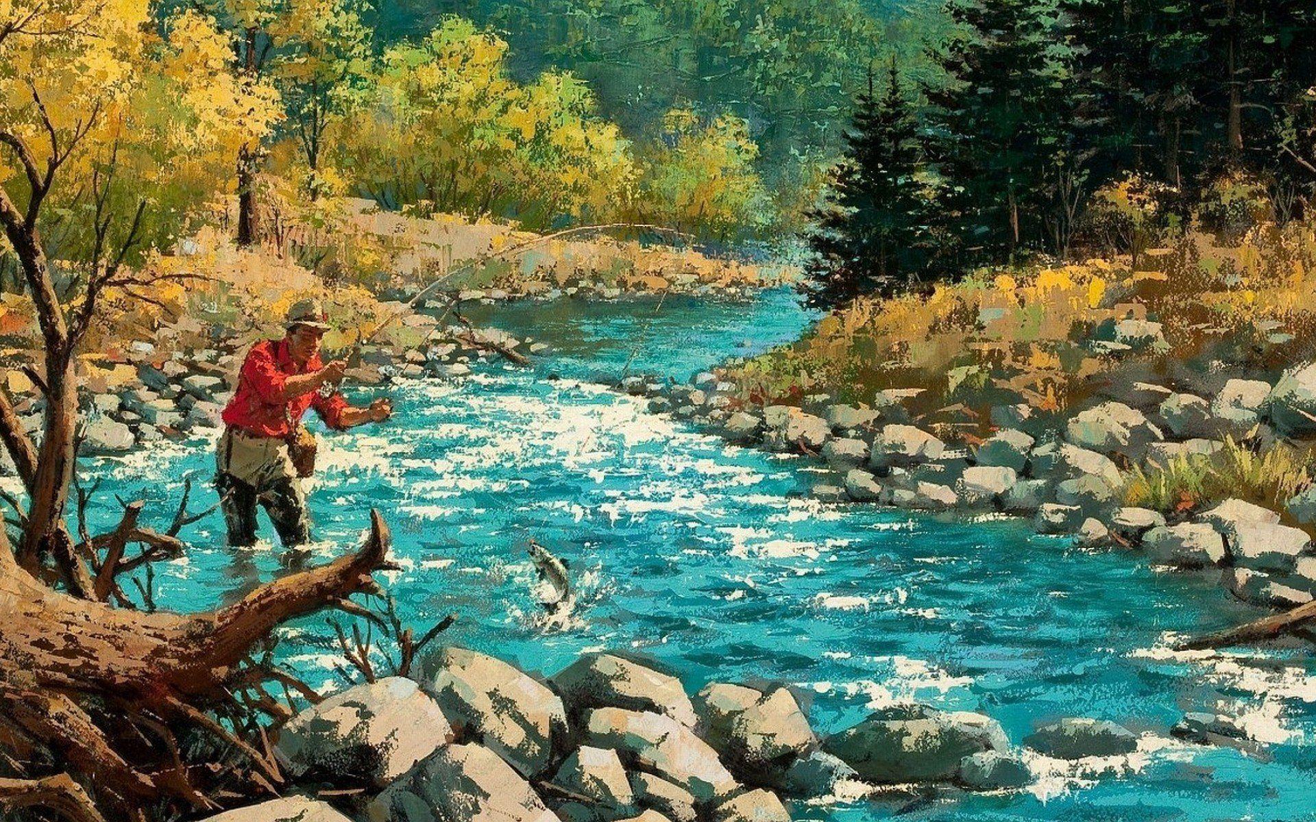 1920x1200 FISHING fish sport fishes river autumn painting artwork wallpaper