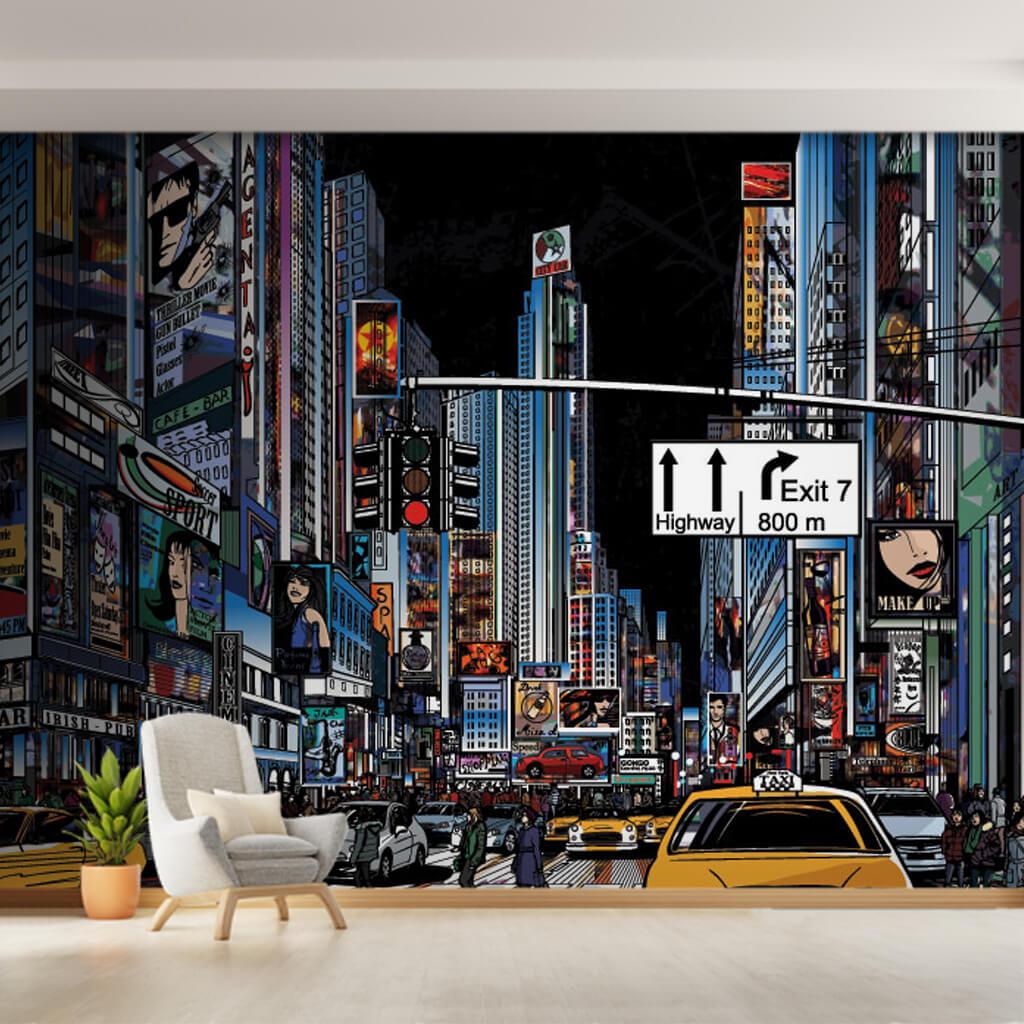 1024x1024 New York streets at night vector illustration wall mural