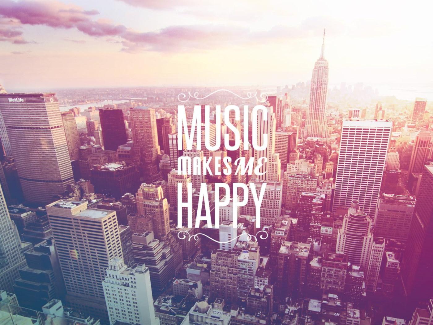 1400x1050 Wallpaper Music Makes Me Happy poster, city skyline illustration with Music makes me happy text overlay • Wallpaper For You HD Wallpaper For Desktop & Mobile