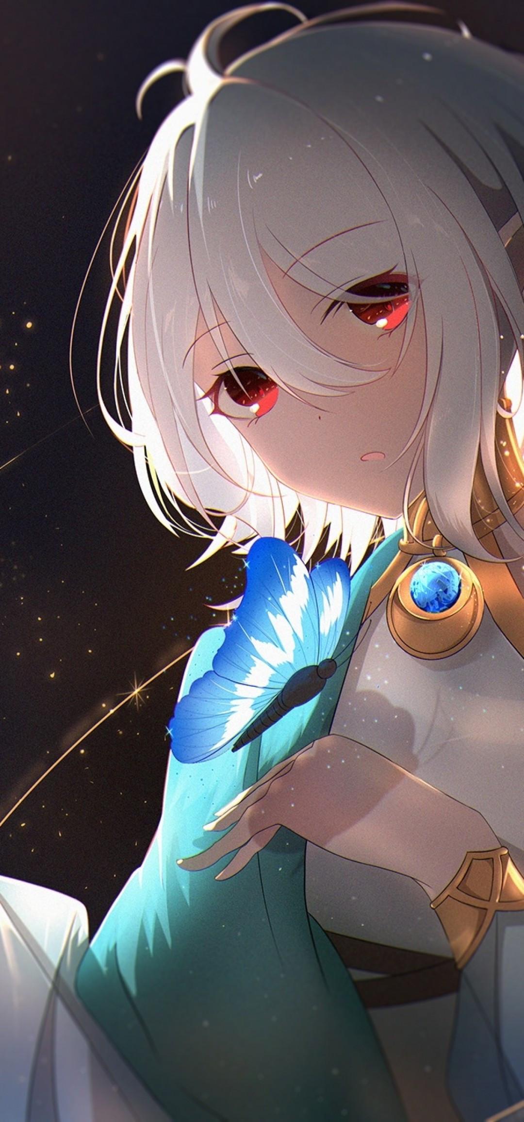 1080x2310 Download 1080x2310 Natsume Kokoro, Princess Connect, Elf Ears, White Hair, Red Eyes, Staff, Pointy Ears Wallpaper for Honor View 20