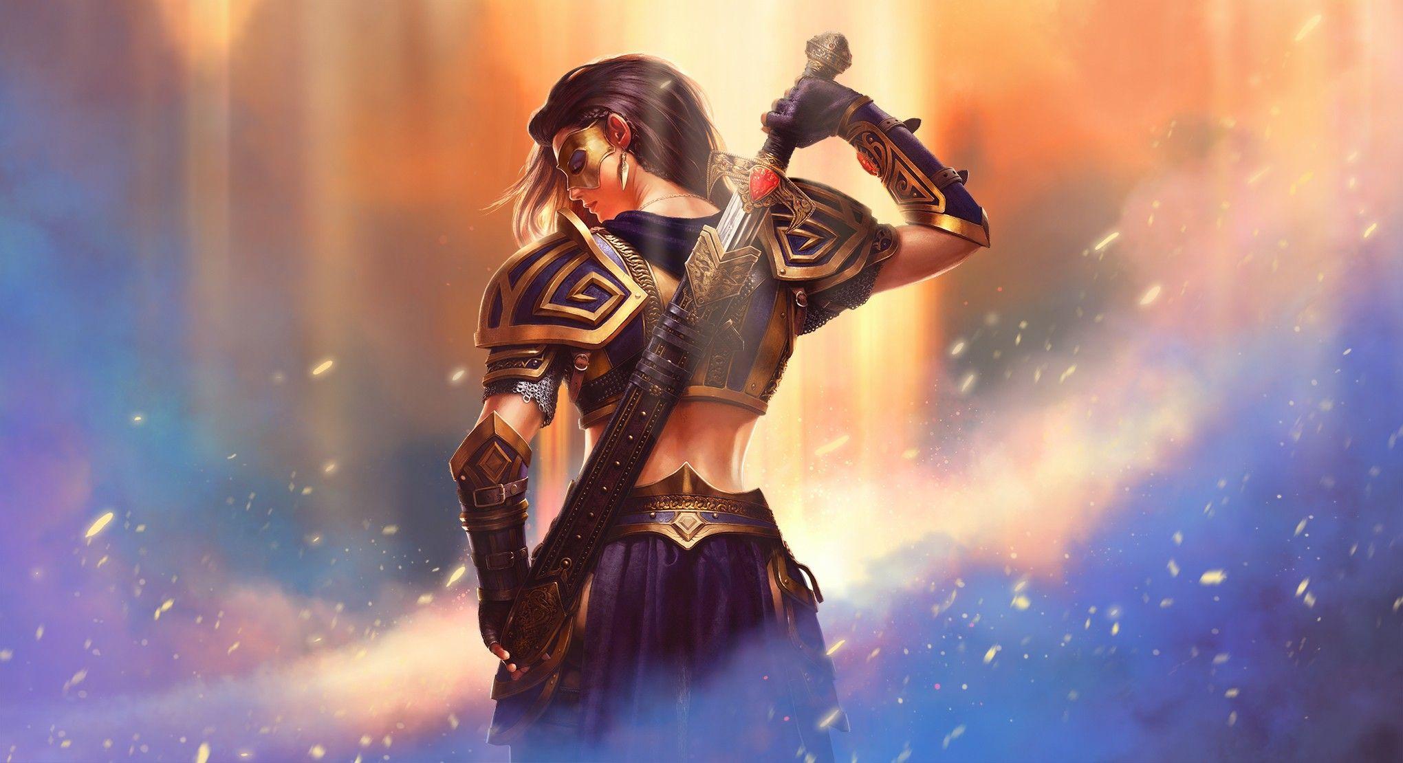 2040x1110 Fantasy Warrior Girl Wallpaper