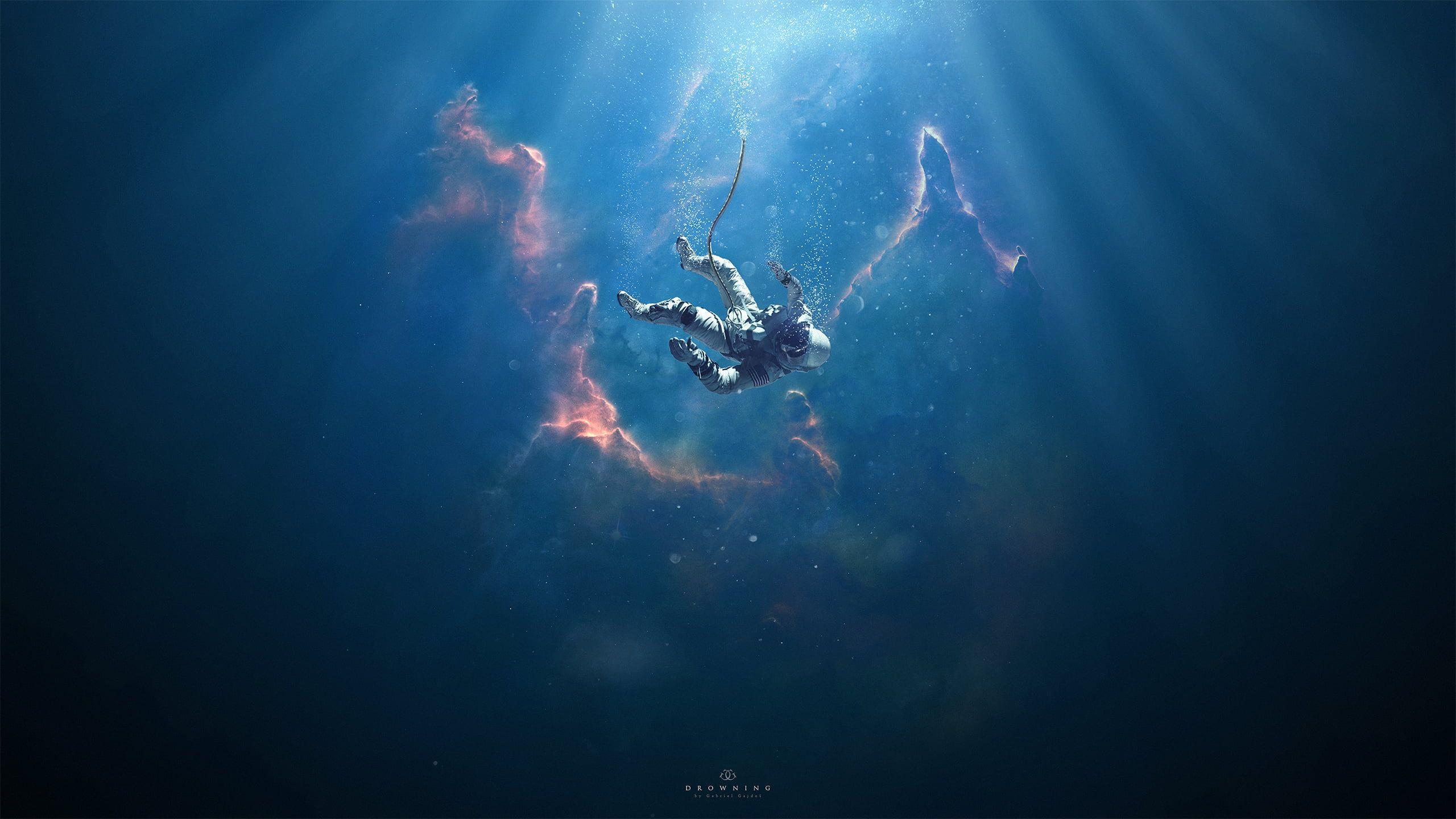 2560x1440 man underwater digital wallpaper, person in suit digital wallpaper #astronaut #space digital. Astronaut wallpaper, Background image wallpaper, Background image