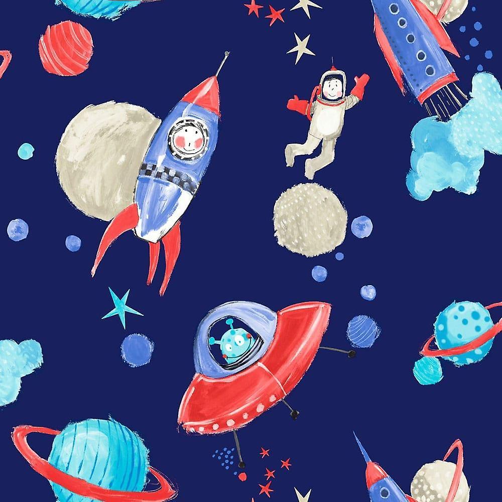 1000x1000 Children's Star Ship Space Man Rocket Wallpaper Silver Glitter Blue Arthouse