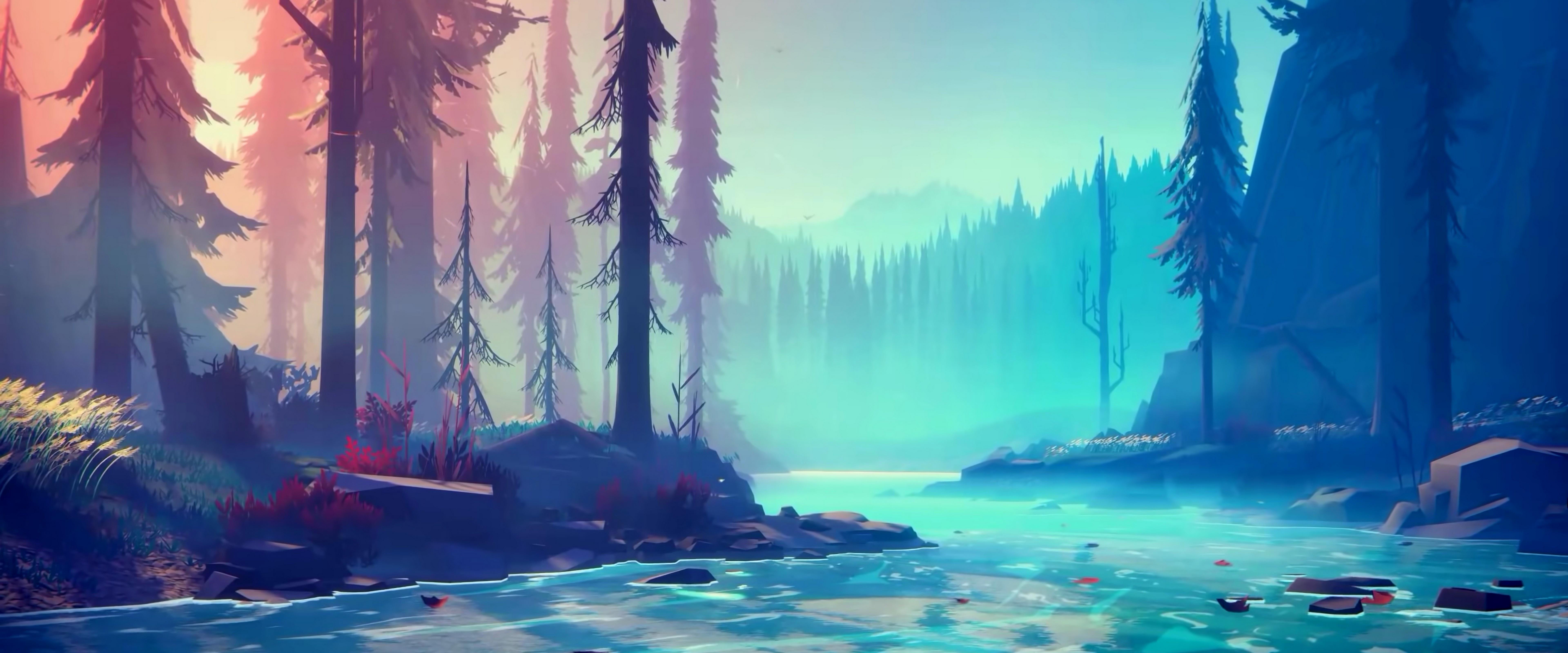 7680x3200 Minimalist Forest River 4K Wallpaper