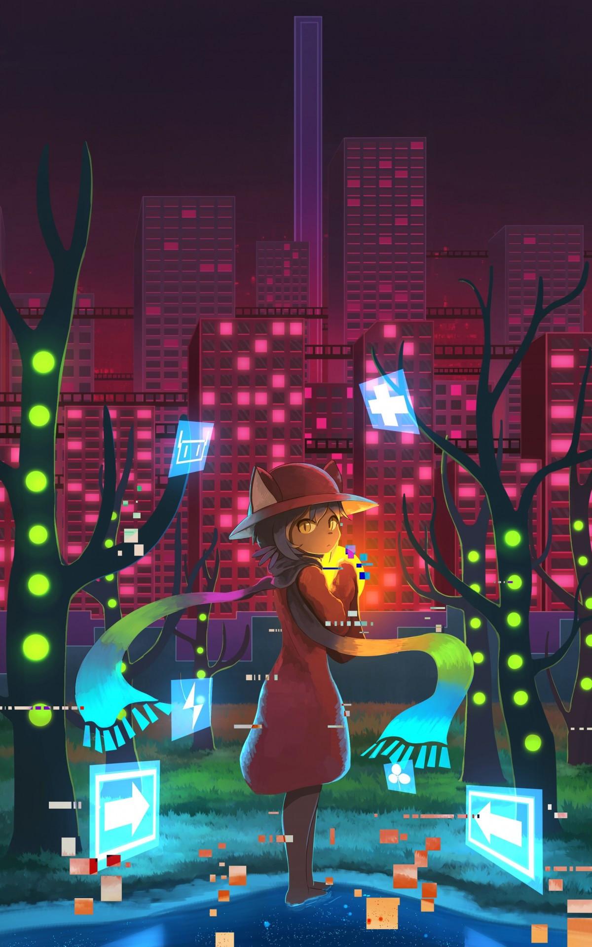 1200x1920 Download 1200x1920 Cute Anime Girl, Neon City, Buildings, Lights, Scarf Wallpaper for Asus Transformer, Asus Nexus Amazon Kindle Fire HD 8.9