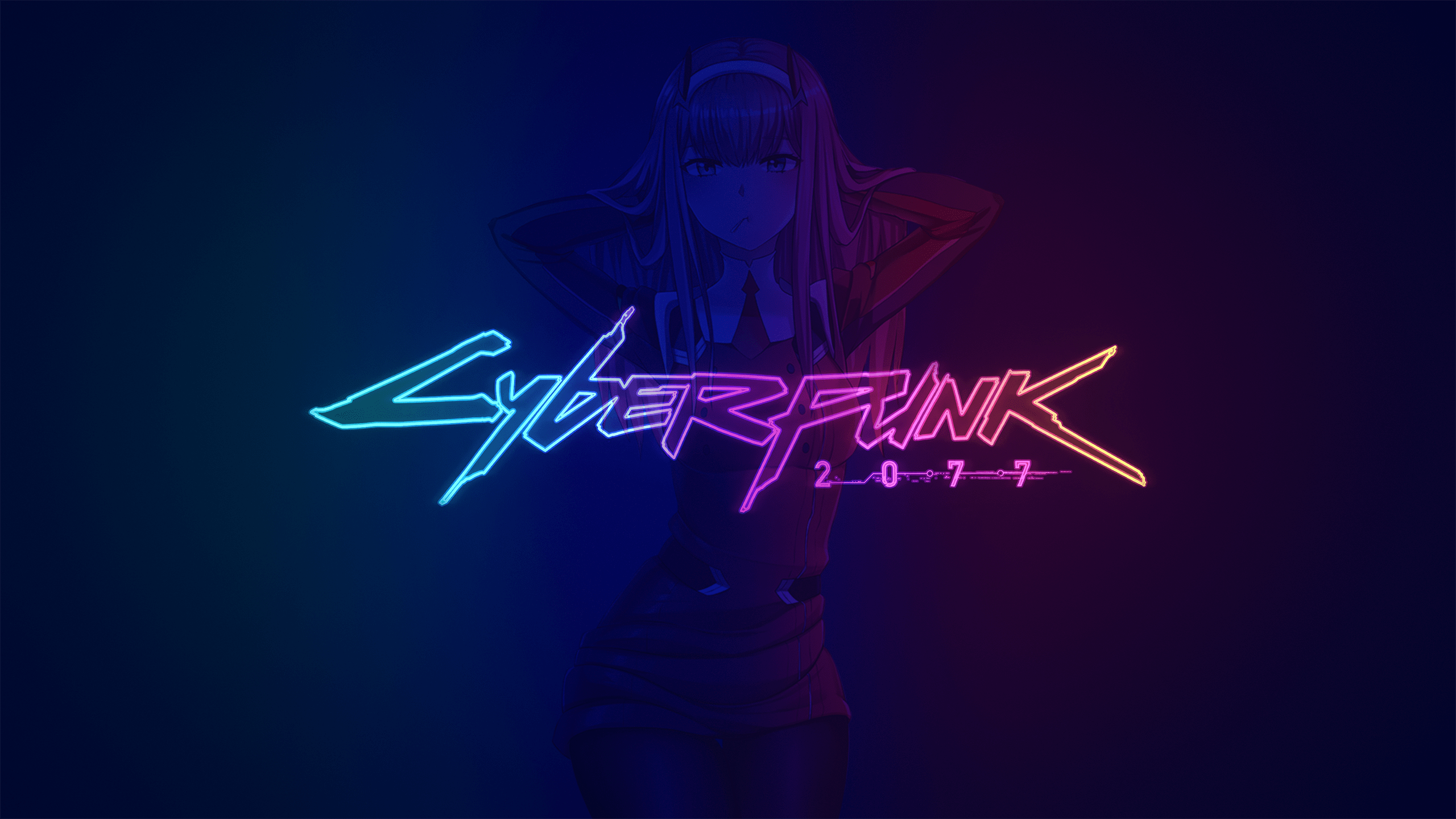 2560x1440 anime, anime girls, neon, women, standing, blue background, looking at viewer, simple background, gradient, Zero Two (Darling in the FranXX), arms up, digital art, Cyberpunk 2077. Mocah HD Wallpaper