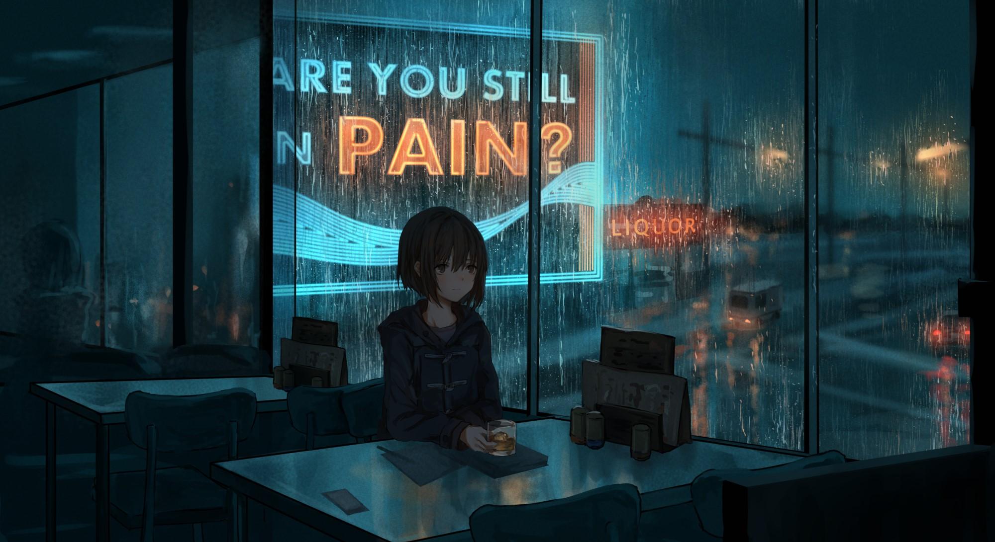 2000x1091 Wallpaper / anime girls, catzz, neon, whiskey, whisky, whisky glass, rain, cyan, night, neon sign, urban, artwork, restaurant, water on glass, dark, alone