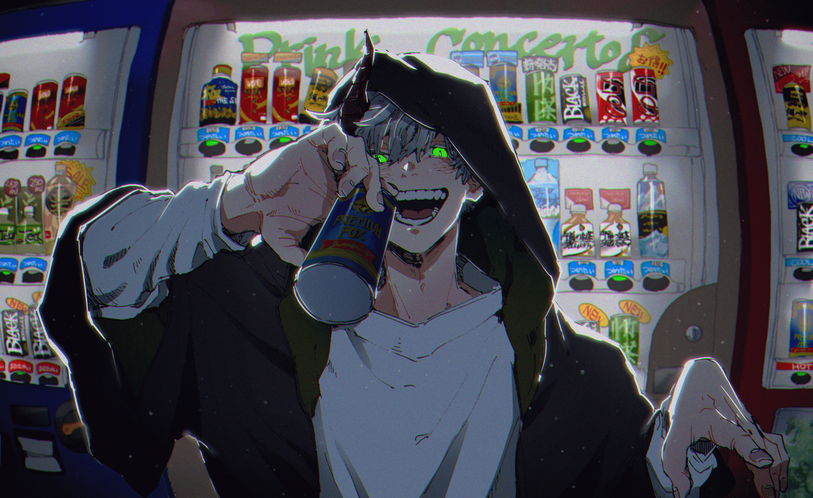 3136x1920 Wallpaper / vending machine, yokai, Male, smiling, glowing eyes, can, green eyes, horns, white hair