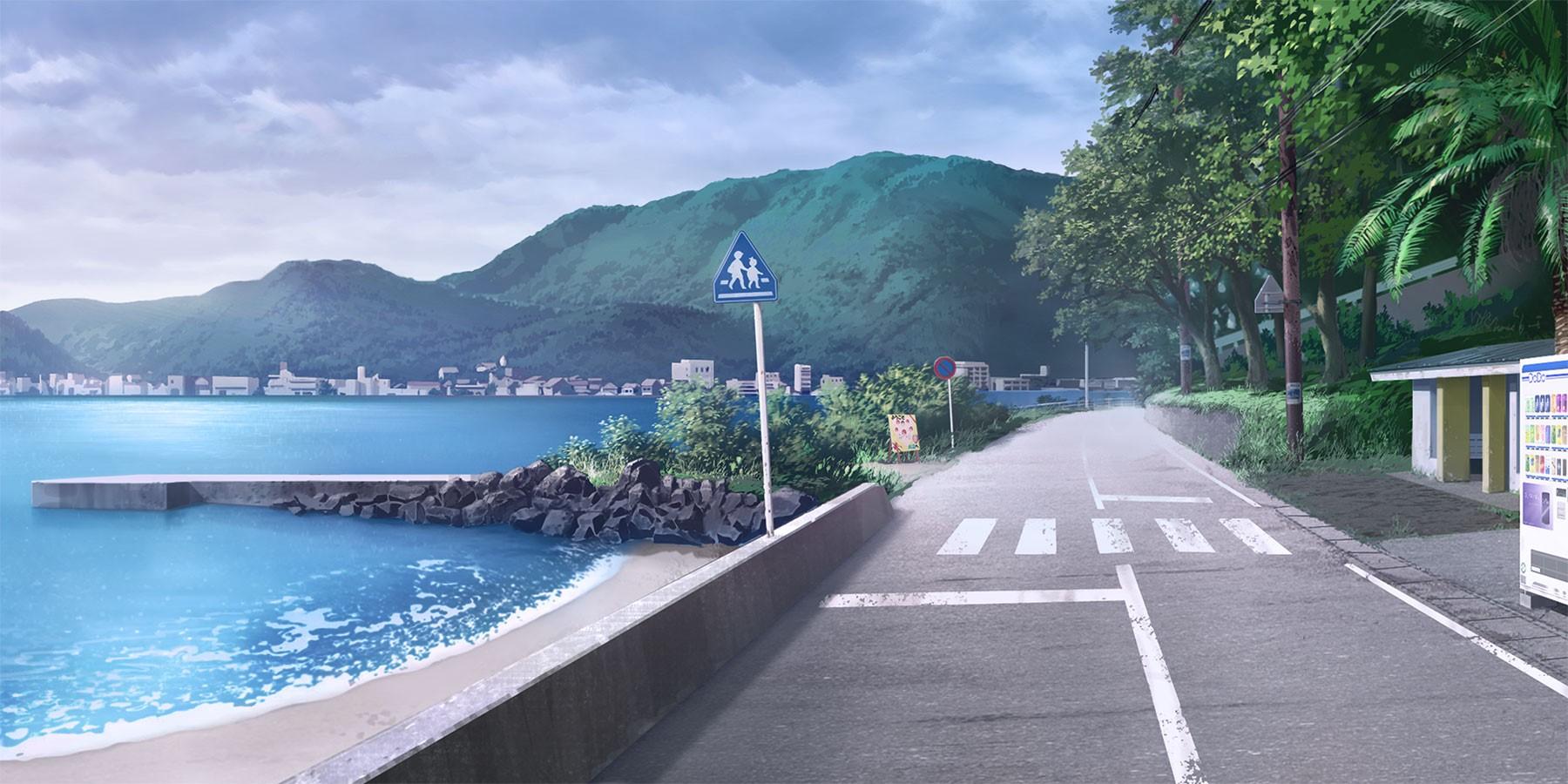 1800x900 Wallpaper / landscape, anime, street, sign, coast, Japan, vending machine, mountains, road
