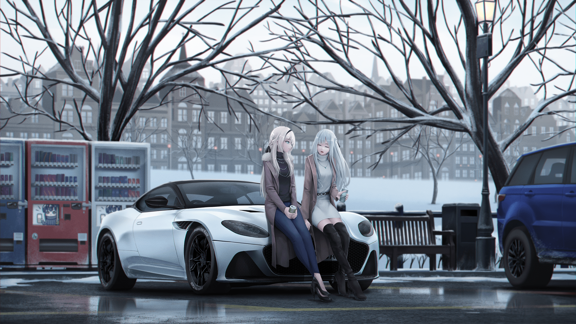 1920x1080 Wallpaper / long hair, vending machine, anime girls, anime, car, vehicle, city